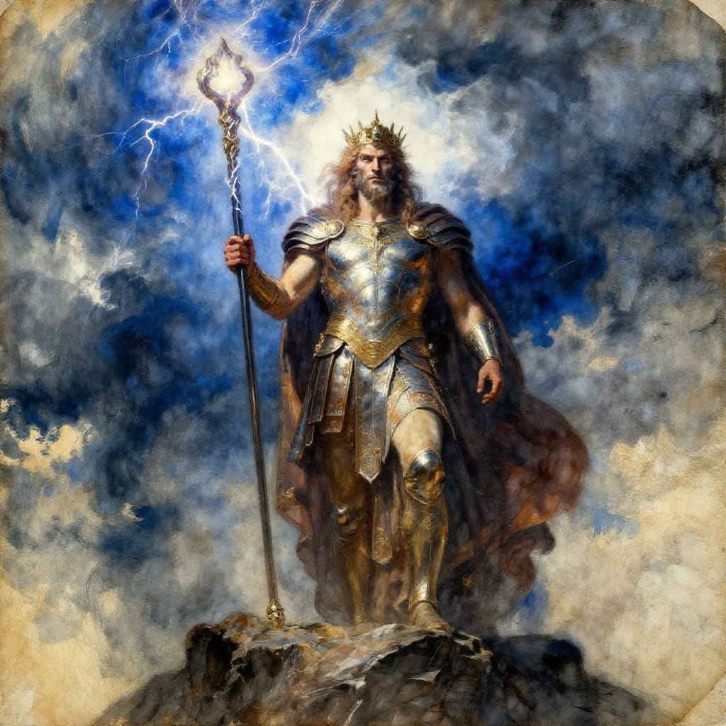 Zeus: King of gods, ruler of Mount Olympus, and god of the sky, weather, and thunder. Preparing for war, his figure is rendered in a dramatic watercolor on aged paper. The composition centers him atop a rocky precipice, his regal armor gleaming with metallic highlights under a stormy sky. His staff, staff of light, crackles with energy as thunder rumbles in the distance. The brushwork features soft washes of cerulean and indigo for the clouds, warm ochres for his armor, and deep grays for shadowed forms. Aged paper adds texture with visible grain and subtle yellowing, enhancing depth through atmospheric perspective. Lighting creates a chiaroscuro effect, with dramatic highlights on his face and staff contrasting against darkened skies. The overall feeling is one of solemn majesty and impending power, capturing Zeus as both eternal monarch and warrior ready to command the heavens.