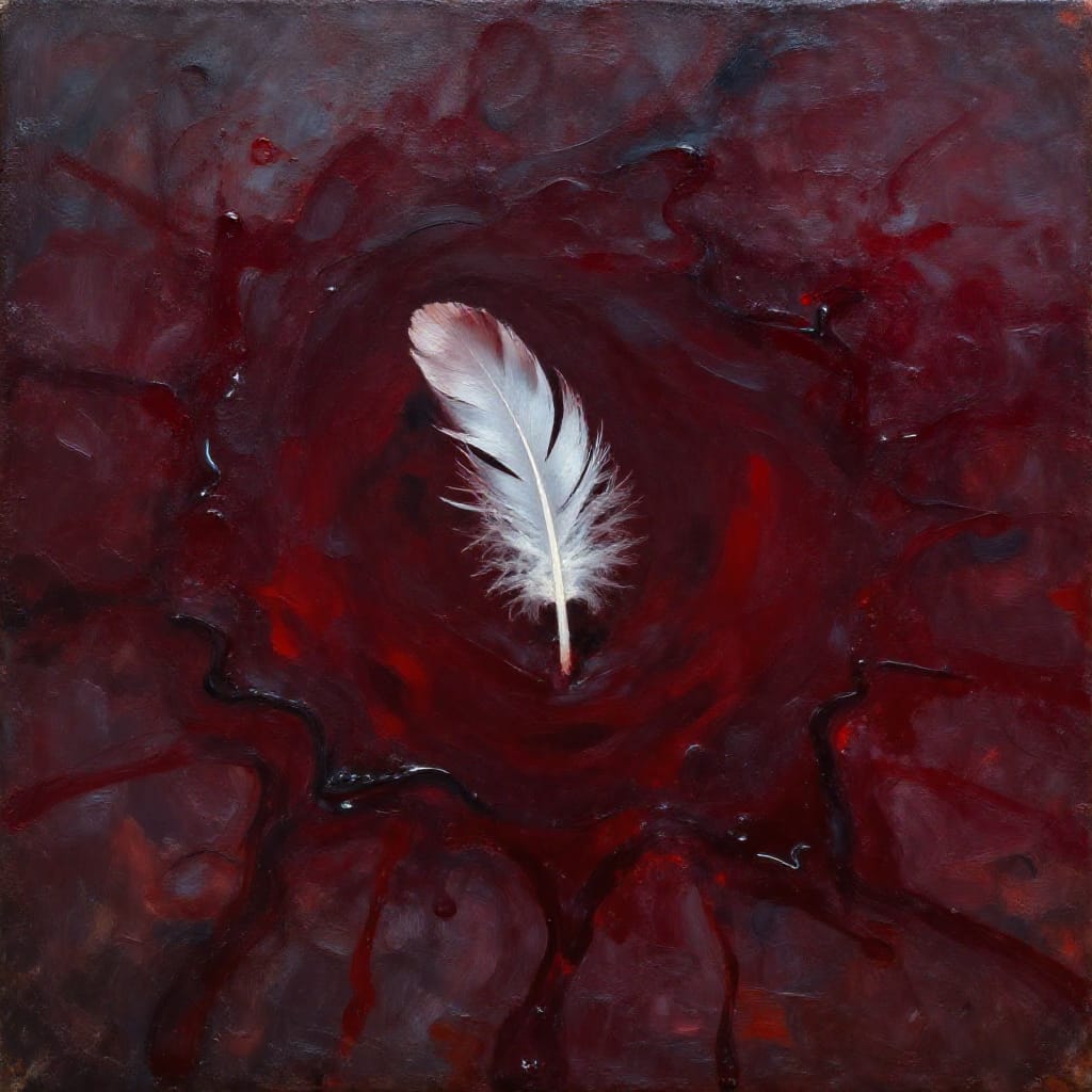 A rich, visceral pool of blood cascades across the canvas, its surface rendered in thick, impasto strokes of deep crimson and maroon, capturing the glistening texture of fresh blood with dynamic drips and smears. At the center, a single pristine white feather floats suspended, its delicate barbs catching the light to contrast sharply with the dark pool. The composition is intimate yet overwhelming, with the feather positioned as a focal point of quiet stillness amidst the chaos of blood. The lighting is soft and diffused, originating from above, casting subtle shadows that define the blood’s depth and heighten its emotional weight. The surface is a textured oil canvas with visible brushwork, evoking a painterly, almost expressive style. The color palette is dominated by deep reds, blacks, and grays, punctuated by the luminous white of the feather, creating a mood of melancholy beauty and quiet tragedy.