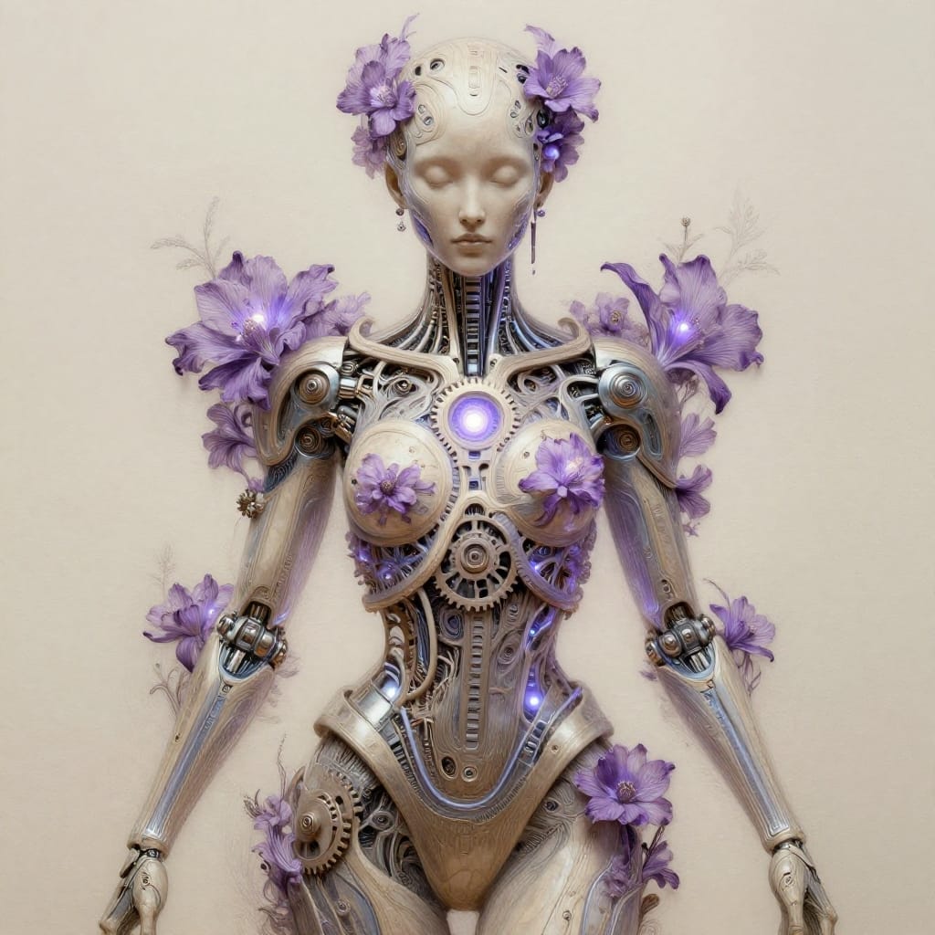 An intricate illustration on smooth, archival paper captures a humanoid figure whose form seamlessly merges organic and mechanical elements. The figure’s torso is sculpted with precision, its surface adorned with interlocking gears, polished metallic plates, and translucent conduits that glow faintly with internal light. Delicate purple flowers bloom across the figure’s arms, chest, and head, their petals radiating a soft luminescence that contrasts with the cool metallic tones of its form. The composition is perfectly symmetrical, centered on the figure as the focal point, with balanced proportions that enhance its elegant presence. Subtle, directional lighting from a soft source above casts gentle highlights across the figure’s features, emphasizing the interplay between organic texture and mechanical precision. The color palette is defined by neutral earthy tones—creams, ochres, and silvers—that are punctuated by vivid purple accents, creating a harmonious yet surreal contrast. The brushwork is detailed and expressive, with fine lines defining the mechanical elements and soft strokes blending into the floral forms. The overall atmosphere is mystical and futuristic, evoking a sense of wonder through its fusion of nature and technology, all rendered with the clarity and depth of high-quality paper illustration.