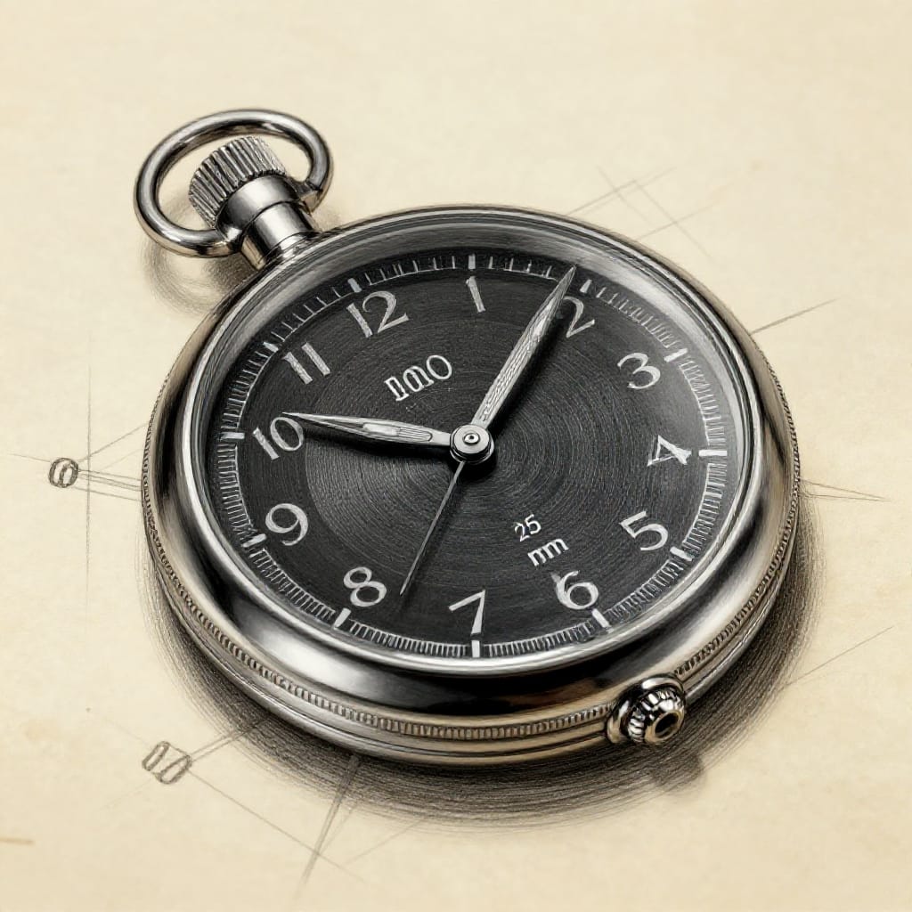 Concept art for a scientific pocket watch, rendered in highly detailed pencil and ink on aged paper. The watch features a polished silver case with engraved patterns, a black dial displaying precise measurements of 12:00, 3:00, 6:00, and 9:00 markers. The hands are thin silver filaments with fine striations showing wear. The face includes a central numerals: '100' and 'mm' for length, '25' and 'mm' for width, and '10' for thickness. The case is circular with a diameter of 30mm and depth of 8mm. The background is a soft, light beige paper with subtle grain and minor imperfections. The drawing uses precise pencil lines for the gear teeth and case details, with ink outlines for the hands and dial. The lighting is even and directional, creating subtle shadows that enhance the three-dimensional form. The color palette includes metallic silver, black, and warm brown for the case. The overall style combines technical precision with artistic rendering, capturing the scientific accuracy of a timepiece.