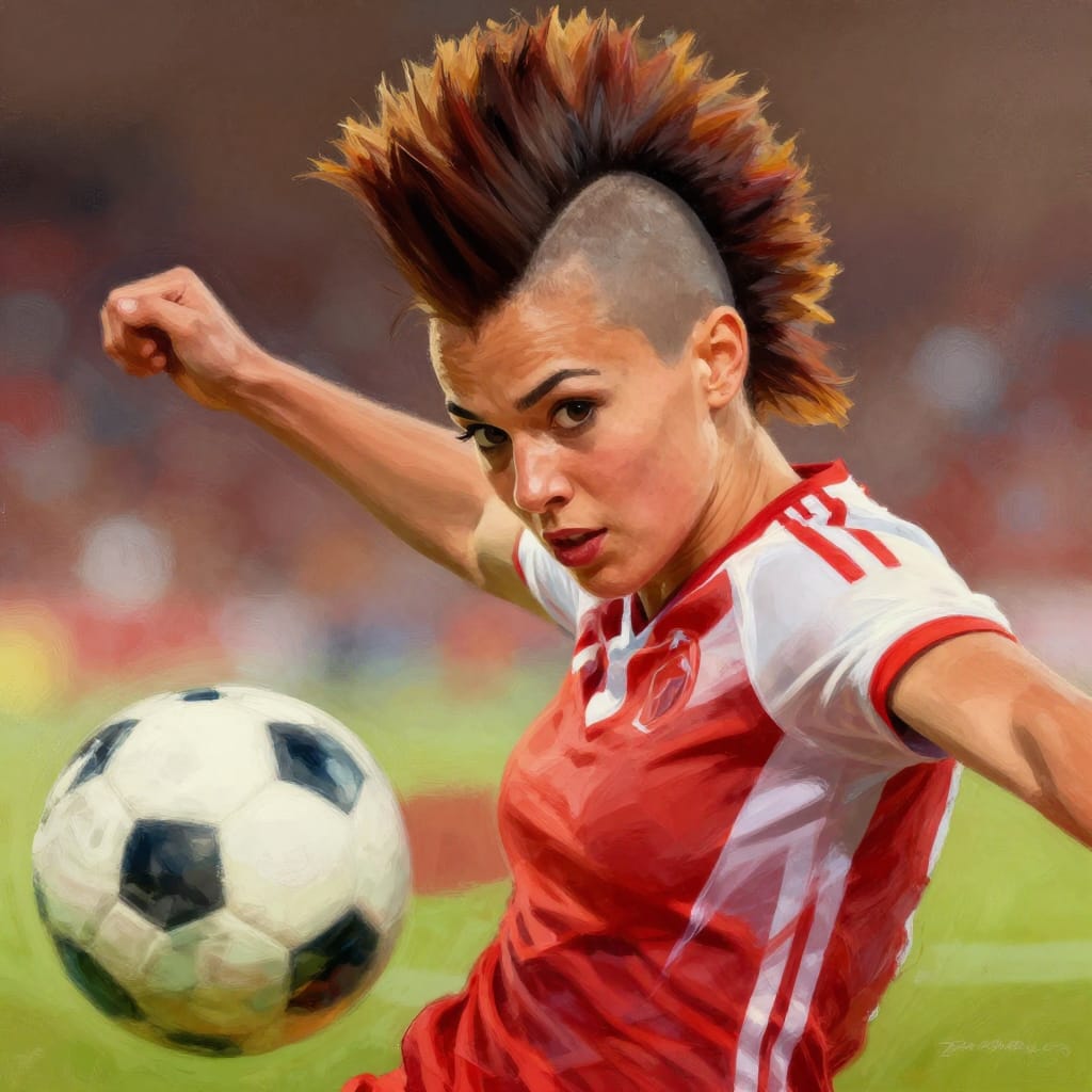 An extreme close-up photograph of a 25-year-old Italian woman with striking crescent-shaped eyes and a vibrant Mohawk haircut, rendered in a digital illustration style with painterly brushwork. The subject wears a vibrant soccer uniform featuring bold red stripes and white accents, her body angled dynamically as she kicks a soccer ball with powerful motion. The composition centers on her expressive face and energetic stance, framed against a softly blurred background of a stadium. Soft, natural lighting from the front highlights the texture of her skin, hair, and the fabric of her uniform, creating gentle shadows that emphasize depth. The color palette features warm earthy tones—deep browns, rich reds, and golden yellows—with subtle highlights that enhance the vibrant energy. The artwork evokes a sense of lively focus, capturing the intensity of a soccer match in a moment of pure athletic passion.