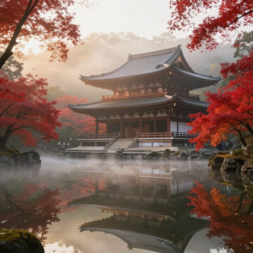 A serene Japanese temple rises in the midground, its traditional architecture defined by intricately carved wooden beams, shingled roof, and ornate eaves, standing tall against a soft morning mist that drifts gently across the scene. The foreground is dominated by a still, crystalline pond reflecting the temple and its surroundings with perfect symmetry, its surface calm and glassy under diffused sunlight. Surrounding the temple, dense rows of red and gold maple trees form a living canopy, their fiery leaves creating a vibrant tapestry of color that contrasts with the muted earth tones of the temple walls. The background is softly blurred, enhancing depth and allowing the focus to remain on the temple and pond. A wide-angle lens captures the expansive view, emphasizing the layered composition from the misty foreground to the distant trees. Soft, golden sunlight filters through the trees, casting gentle highlights on the temple’s structure and creating a warm, luminous glow that bathes the scene in tranquility. The atmosphere is thick with morning mist, adding a dreamy quality to the reflection and softening the edges of the world. The overall feeling is one of profound peace and quiet contemplation, evoking a fine art photography style that balances natural beauty with deliberate composition.