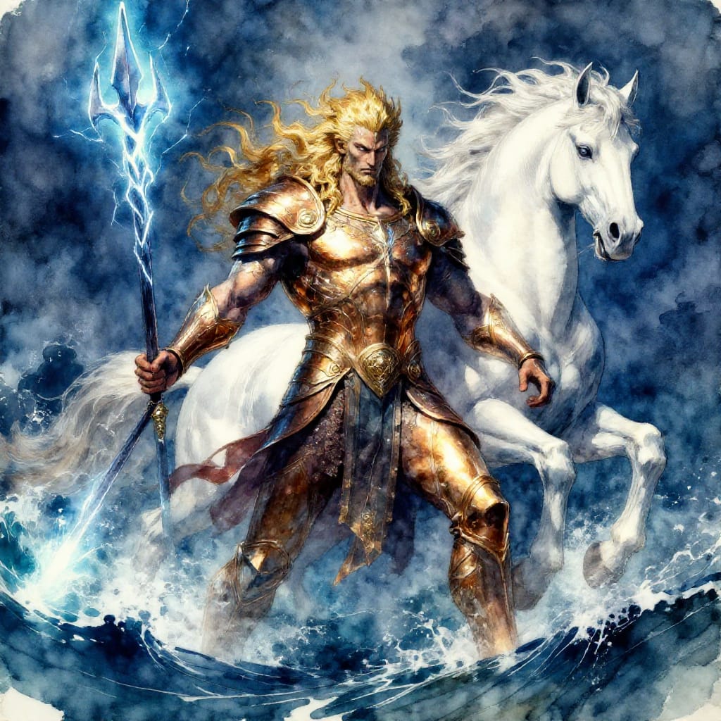 Poseidon, the God of the Sea, Earthquakes, and Horses, stands poised for war in a dynamic, dramatic pose, his muscular form radiating power and majesty. Rendered in watercolor on aged paper with a textured surface, the medium captures the organic flow of wet-on-wet washes and delicate layering. The composition centers him as a commanding figure in the foreground, his bronze armor gleaming with metallic sheen under dramatic chiaroscuro lighting that carves deep shadows across his chest and shoulders while illuminating his fierce expression. His right hand grips a thunderous trident, its edges glowing with electric blue light, and his left arm extends toward a majestic white horse, its mane swirling in the wind. The background dissolves into a turbulent sea of indigo and teal waves, their crests rendered in soft, flowing brushstrokes that blend seamlessly into the sky. The color palette features deep oceanic blues, radiant golds for his armor and mane, and silvery highlights on his horse’s coat, evoking a sense of epic grandeur and elemental power. The overall atmosphere is one of timeless strength and divine authority, where the sea god commands both land and sea in a moment of primal resolve.