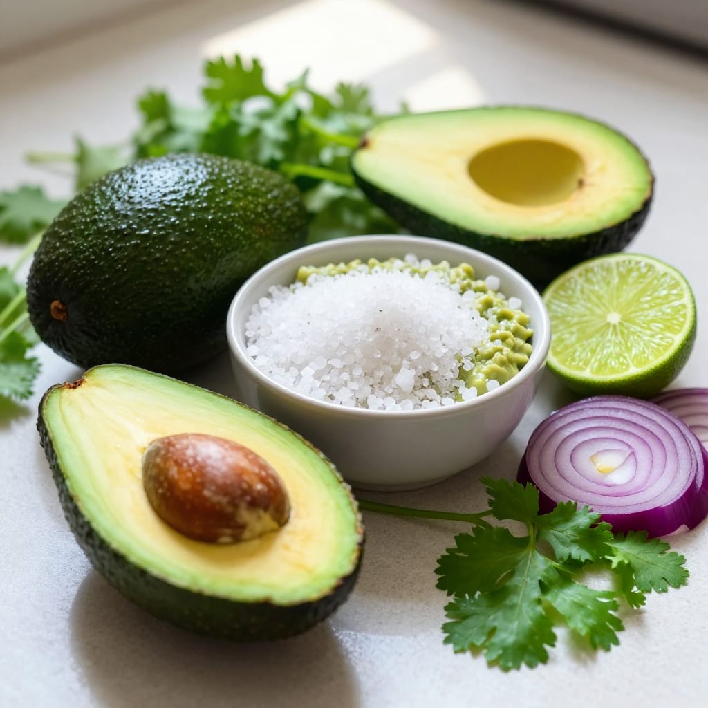 A close-up macro shot of a meticulously arranged still life of guacamole ingredients on a light-colored, textured kitchen counter. The composition follows the rule of thirds with the whole avocado positioned at the lower left quadrant and a bright lime slice sharply placed in the upper right, creating a balanced visual flow that guides the eye through the scene. Natural daylight illuminates from above, casting soft, diffused shadows that accentuate the smooth, slightly reflective surface of the avocado’s dark green skin and the crisp, glistening flesh of the half-cut avocado with its visible seed. The central bowl of coarse salt is filled with granular texture, its individual particles catching light to contrast with the organic forms around it. The ingredients include: a whole avocado with a matte, slightly reflective skin; a half-cut avocado revealing its creamy flesh and embedded seed; a vibrant lime slice with a glossy sheen; finely chopped red onions with translucent layers; fresh cilantro leaves arranged in a cluster with delicate veins; and a small bowl of salt. The background is softly blurred, enhancing depth while emphasizing the vivid greens and purples of the scene. The lens captures intricate textures: the smooth skin of avocados, the delicate veins in the cilantro, the granular salt, and the subtle sheen on the lime. The overall atmosphere is clean, fresh, and inviting, evoking a sense of health, culinary readiness, and quiet simplicity.