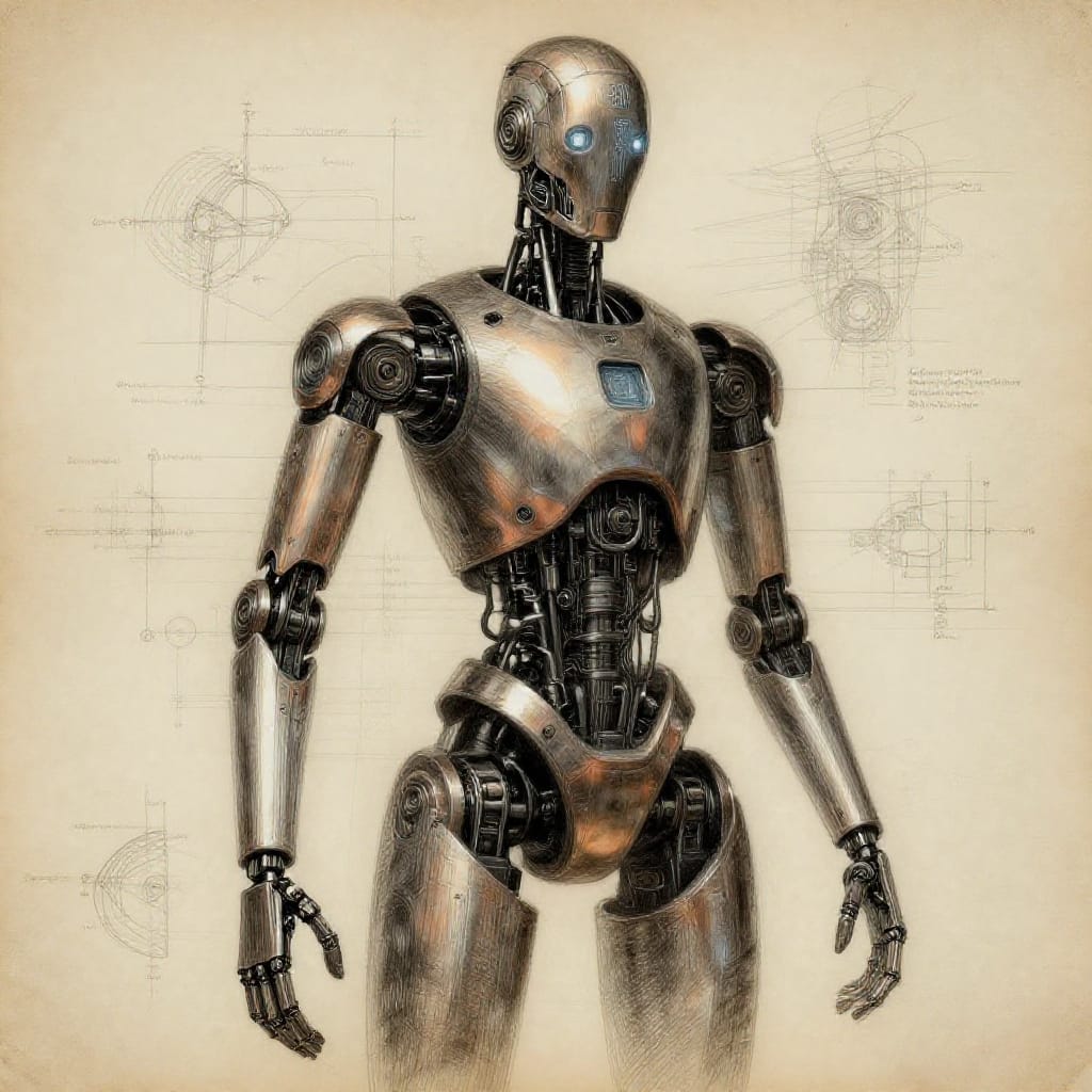 Concept art for a robotic companion rendered in precise pencil and ink on aged paper. The artwork features a humanoid figure with a metallic torso, articulated limbs, and a sleek head with glowing circuit-like eyes. Scientific accuracy is emphasized through detailed anatomical proportions: the robot stands at 1.8 meters tall, with each limb measuring 50 cm in length, and its torso spans 1.2 meters in width. Cross-hatching and fine linework define every surface, including subtle shading on the metallic plating to mimic reflective light. The composition is balanced and symmetrical, with a central focus on the head and chest. Soft, directional lighting from above casts gentle highlights across the curves of the spine and shoulders, while shadows deepen in the crevices of the joints. The color palette is monochromatic, using shades of gray, slate, and bronze to create tonal contrast. Scientific notation is subtly integrated into the design: faintly visible technical diagrams outline the internal mechanical structure, including gears and hydraulic conduits. The aged paper surface exhibits a textured grain, with light imperfections and slight bleed-through enhancing the tactile authenticity. The overall artistic feeling is precise, futuristic, and deeply technical, capturing both the mechanical elegance and human-like presence of the companion.