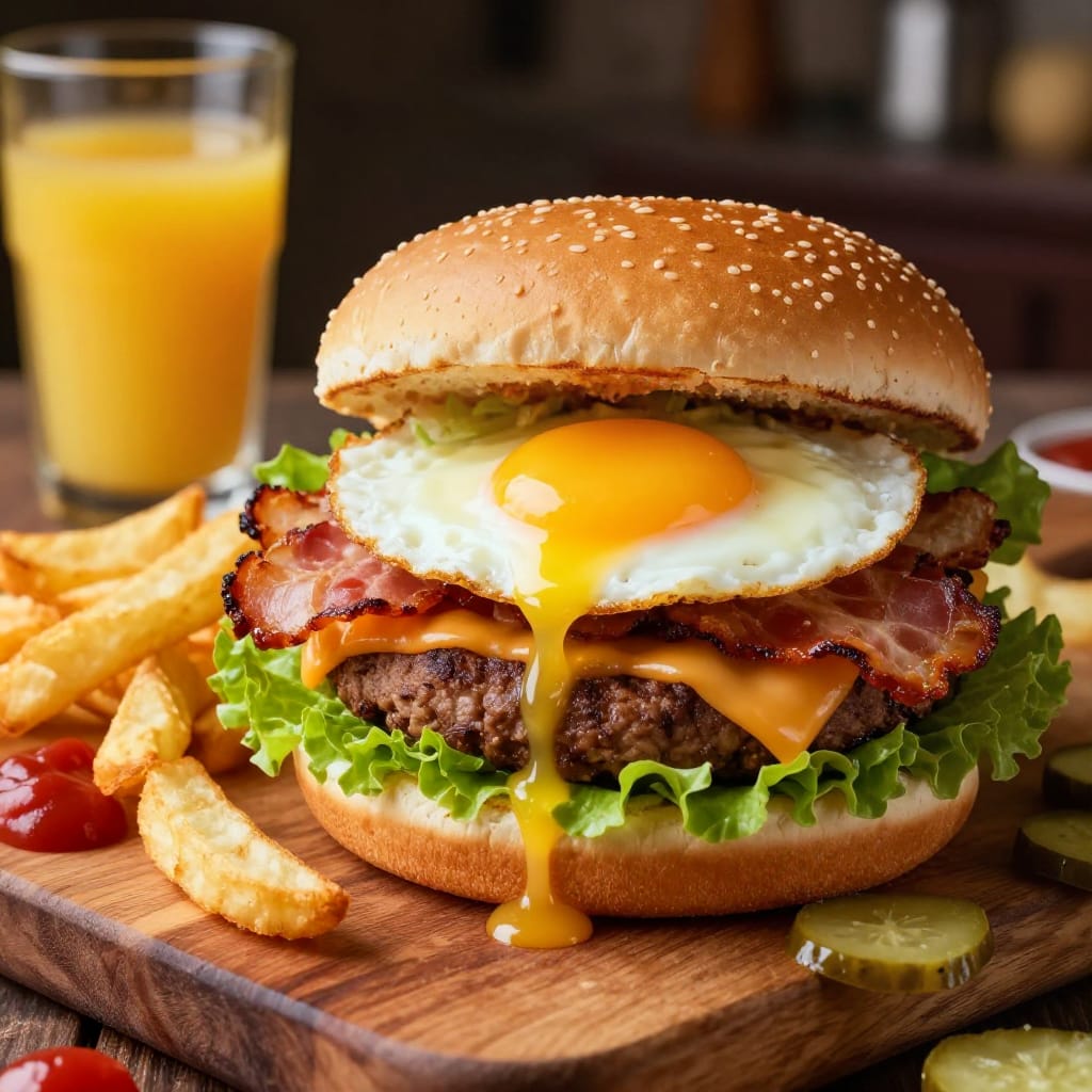 A highly detailed close-up macro shot of a mouth-watering breakfast burger, its golden-brown patty layered with crispy bacon, melted cheese, and fresh lettuce, all resting on a rustic wooden cutting board. The subject features a perfectly cooked sunny-side-up egg with a runny yolk, vibrant green lettuce leaves, crisp pickles, and a side of crispy French fries. A glass of orange juice sits to the left, while ketchup and mustard condiments are placed beside the burger. The scene is set in a cozy, dimly lit restaurant or home kitchen, with warm artificial studio lighting that enhances the rich colors and textures of the food. The composition follows the rule of thirds, placing the burger at the intersection of the grid lines for balance. The lens captures every intricate detail: the golden-brown crust of the cheese, the smooth runny yolk of the egg, the crisp texture of the bacon, and the golden-yellow color of the fries. The atmosphere is comforting and inviting, evoking a sense of indulgence and satisfaction typical of a hearty breakfast or a satisfying meal at a casual eatery.