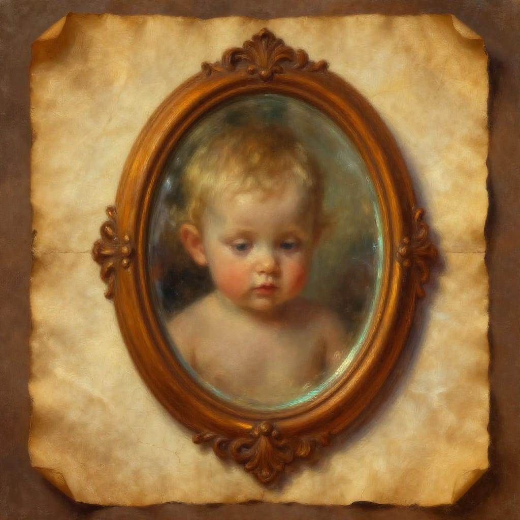 An aged parchment paper mirror with a textured, slightly cracked surface, reflecting the viewer as a baby with delicate features. The mirror is framed in a warm, hand-carved wooden border that glows with subtle amber highlights. The background dissolves into a soft-focus haze of golden light and faint, dreamlike shapes resembling childhood memories. The lighting is soft and diffused, emanating from a nearby warm lamp, casting gentle shadows that emphasize the mirror's reflective depth. The color palette features warm browns, golden yellows, and muted ochres, with a single iridescent streak of teal along the mirror's edge adding surreal contrast. The brushwork is delicate and textured, with visible strokes in the paper's surface and a smooth, glass-like sheen on the reflective plane. The composition is intimate and contemplative, evoking a sense of quiet wonder and emotional depth through its tactile details and luminous atmosphere.