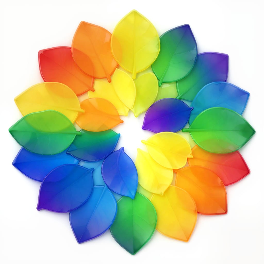 A meticulously crafted circular arrangement of leaf-shaped objects made of smooth, glossy plastic or glass, each divided symmetrically into two distinct halves with contrasting colors forming a seamless rainbow gradient. The design is minimalist and geometric, characterized by clean lines, uniformity in shape, and a precise, almost mathematical balance. The surface is perfectly smooth and reflective, capturing soft highlights that add depth and luminosity without harsh shadows. The lighting is even and diffused, creating gentle reflections that enhance the glossy texture and emphasize each leaf’s vibrant hue. The colors are arranged in a harmonious circular pattern resembling a sunburst or flower petal, with each leaf’s color transitioning seamlessly to its adjacent counterpart. The palette consists exclusively of primary colors—red, orange, yellow, green, blue, and purple—each appearing as a solid, unbroken hue within its half. The overall feeling is bright, cheerful, and harmonious, evoking a sense of playful energy through its vibrant yet balanced composition. The artwork is rendered in digital illustration with high-definition detail, capturing every subtle gradient and reflection with clarity and precision.