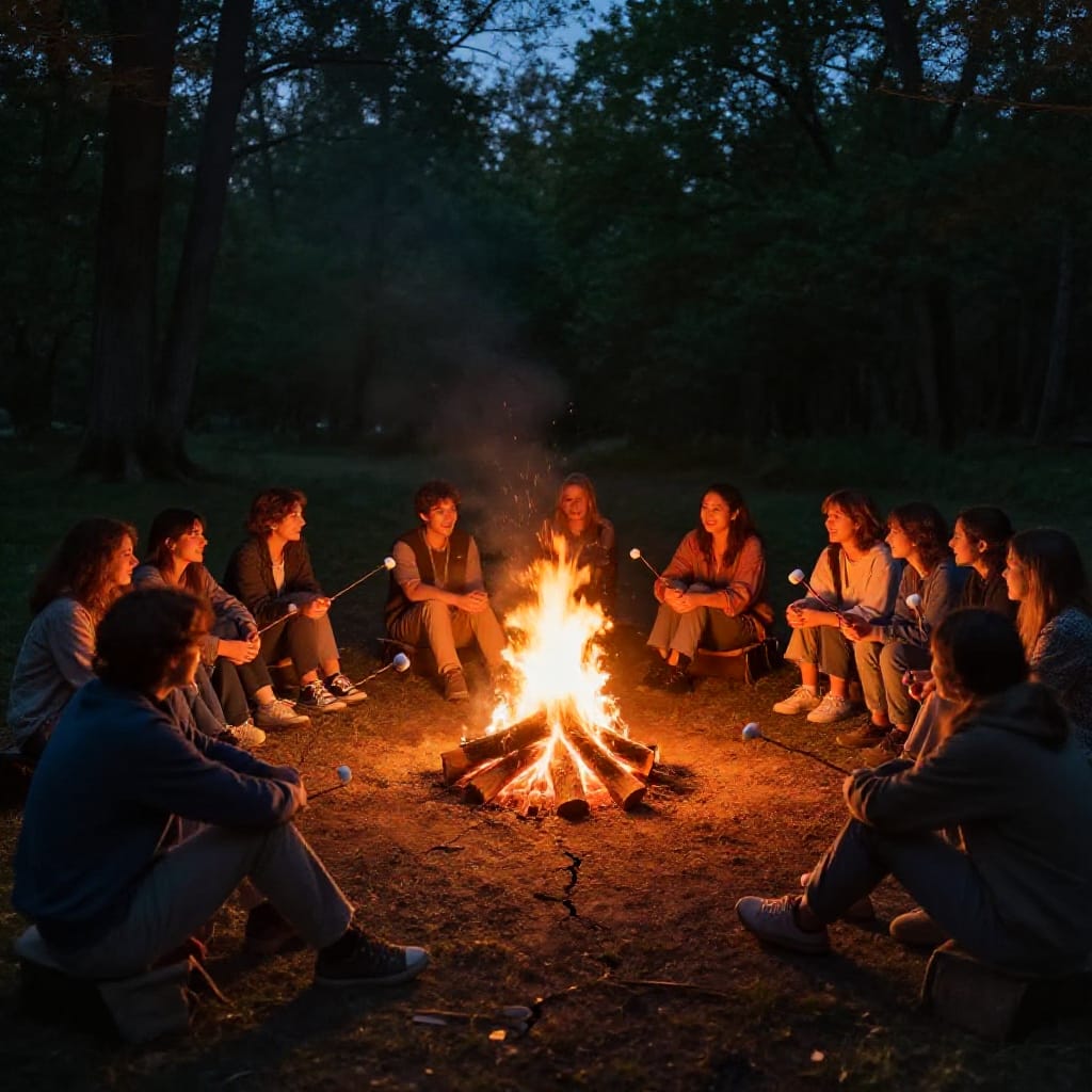 A wide-angle wide shot captures a group of friends gathered around a crackling campfire in a serene forest setting during twilight. The central focus is on the warm, glowing fire, its embers casting a soft amber light that illuminates the faces of the individuals and the surrounding scene. Each person is seated on the ground, some leaning forward to roast marshmallows on sticks held aloft by hand, while others sit quietly, engaged in conversation. The fire is made of thick logs, its flames flickering rhythmically, creating a dynamic contrast against the stillness of the group. The background features silhouetted trees against a dark, twilight sky, adding depth and framing the scene. The warm color palette of golds, oranges, and deep greens evokes a cozy, relaxed atmosphere filled with camaraderie and shared joy. The wide-angle lens captures the expansive forest with gentle distortion at the edges, emphasizing the intimate gathering while maintaining sharp focus on the fire and its surroundings. Motion is minimal, with only the occasional sway of a stick or flicker of flame suggesting quiet activity. The overall feeling is one of serene warmth and joyful connection, where time slows and the bond between friends is felt through shared laughter and the gentle glow of the fire.
