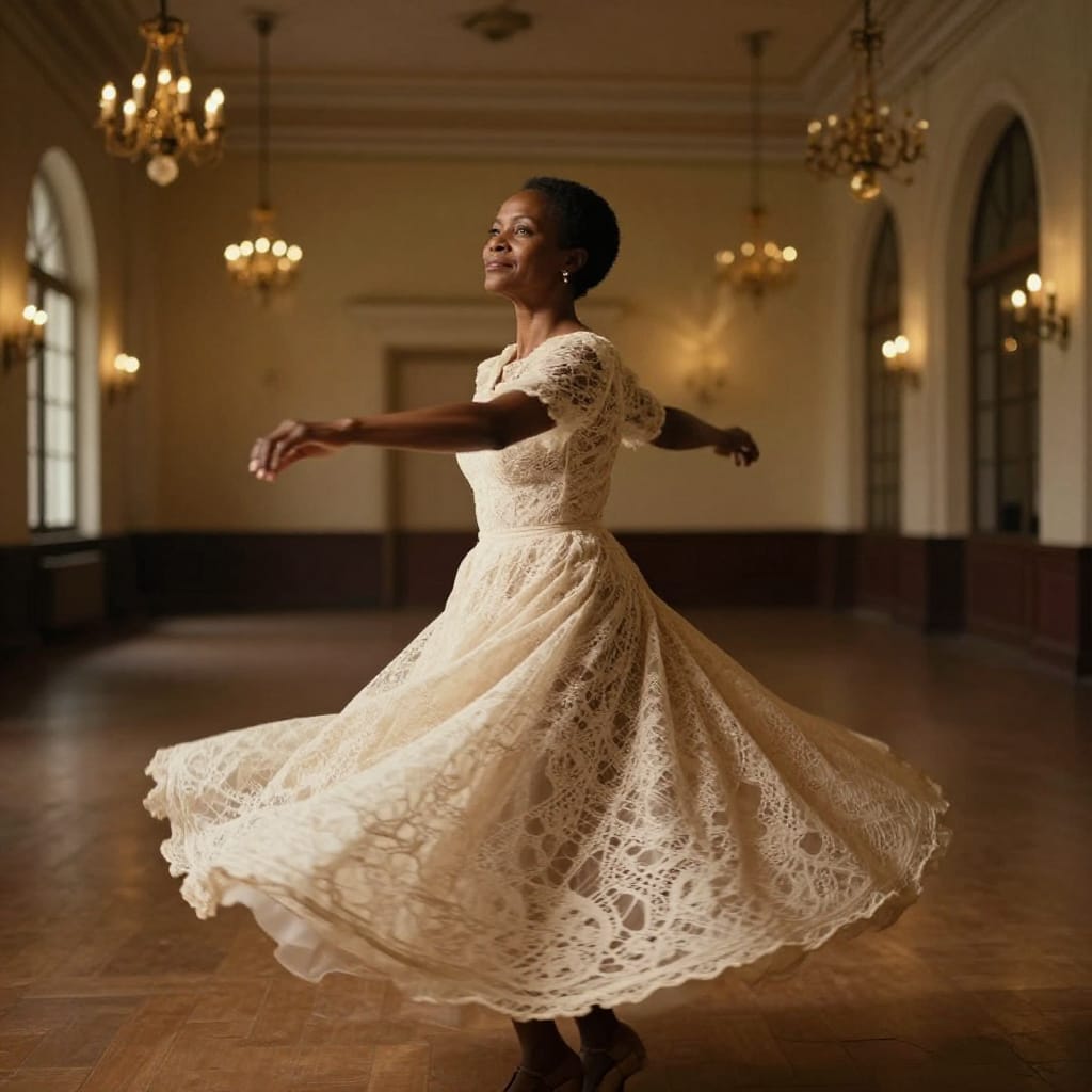 An over-the-shoulder shot photograph of a 50-year-old Mozambican woman with short, dark hair and upturned eyes, twirling gracefully in a vintage lace gown that flares out from her waist as she spins. The camera is positioned from her side, capturing her face in soft focus while her motion creates dynamic streaks of light across the frame. The background is an empty dance hall with high ceilings and arched windows, lit by warm golden chandeliers that cast a soft glow on her skin and dress. A wide-angle lens captures the full breadth of the hall and her twirling motion, emphasizing depth and atmosphere. The lighting is soft and directional, with a warm color palette of cream, gold, and deep brown tones that enhance the vintage aesthetic. The scene evokes nostalgia and romance through its quiet intimacy, rich textures, and timeless elegance. The overall feeling is tender, joyful, and deeply emotive.