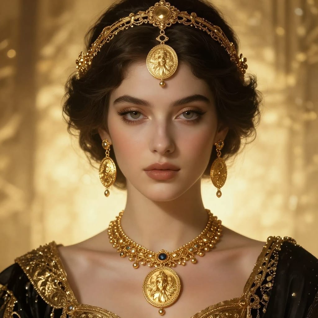 An elegant regal illustration of a woman adorned with intricate gold jewelry—delicate headbands, lustrous earrings, and a radiant medallion—set against a luminous, softly blurred background of warm golden light. Rendered in classical realism with a modern twist, the artwork emphasizes meticulous detail through precise brushwork and shading that highlight the gleam of gold, the smoothness of skin, and the intricate engravings on the jewelry. The composition centers the woman with her serene expression capturing quiet dignity, while the jewelry acts as a luminous focal point on her face and neckline. Subtle ambient lighting from above casts gentle highlights across her features and the gilded details, creating a sense of depth and warmth. The monochromatic color palette features rich golds and deep blacks, with the background adding a soft, radiant glow that enhances the regal atmosphere. The overall feeling evokes grandeur and timeless significance, infused with a subtle mystery through the woman’s enigmatic gaze and the intricate interplay of light and texture.