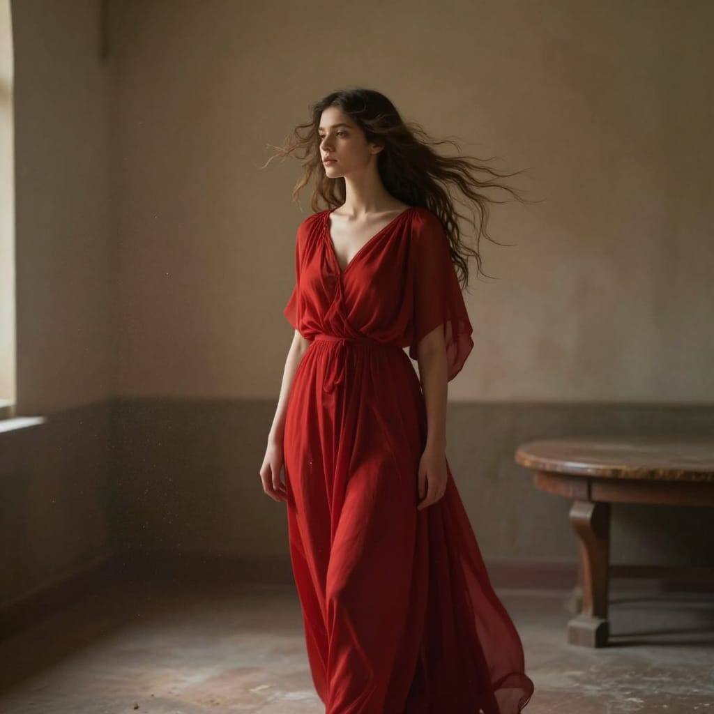 A woman stands in a mid-shot composition, her figure positioned off-center on the rule of thirds within a wide-angle lens frame that captures both intimate detail and expansive depth. Her flowing red dress evokes classical Greek or Roman elegance, its delicate folds catching the soft, diffused light from a natural window source, which casts gentle shadows across her form and highlights the texture of her hair. Her loose, windswept hair flows dynamically across the frame, suggesting movement and vitality. The background is a dimly lit indoor space with a dusty atmosphere, where scattered particles of light float in the air, adding depth and a sense of quiet stillness. To the right, a partially visible piece of furniture—a wooden table or arched bench—provides subtle context to the scene. The warm color scheme is dominated by the rich red of her dress, contrasted with the soft beige tones of the walls and the muted earthy hues of the dust-laden air. The lighting is soft and natural, creating a luminous glow that enhances the timeless beauty of the moment. The overall atmosphere is mysterious and tranquil, evoking a sense of contemplative elegance as the subject stands in quiet grace amidst the quiet intimacy of the room.