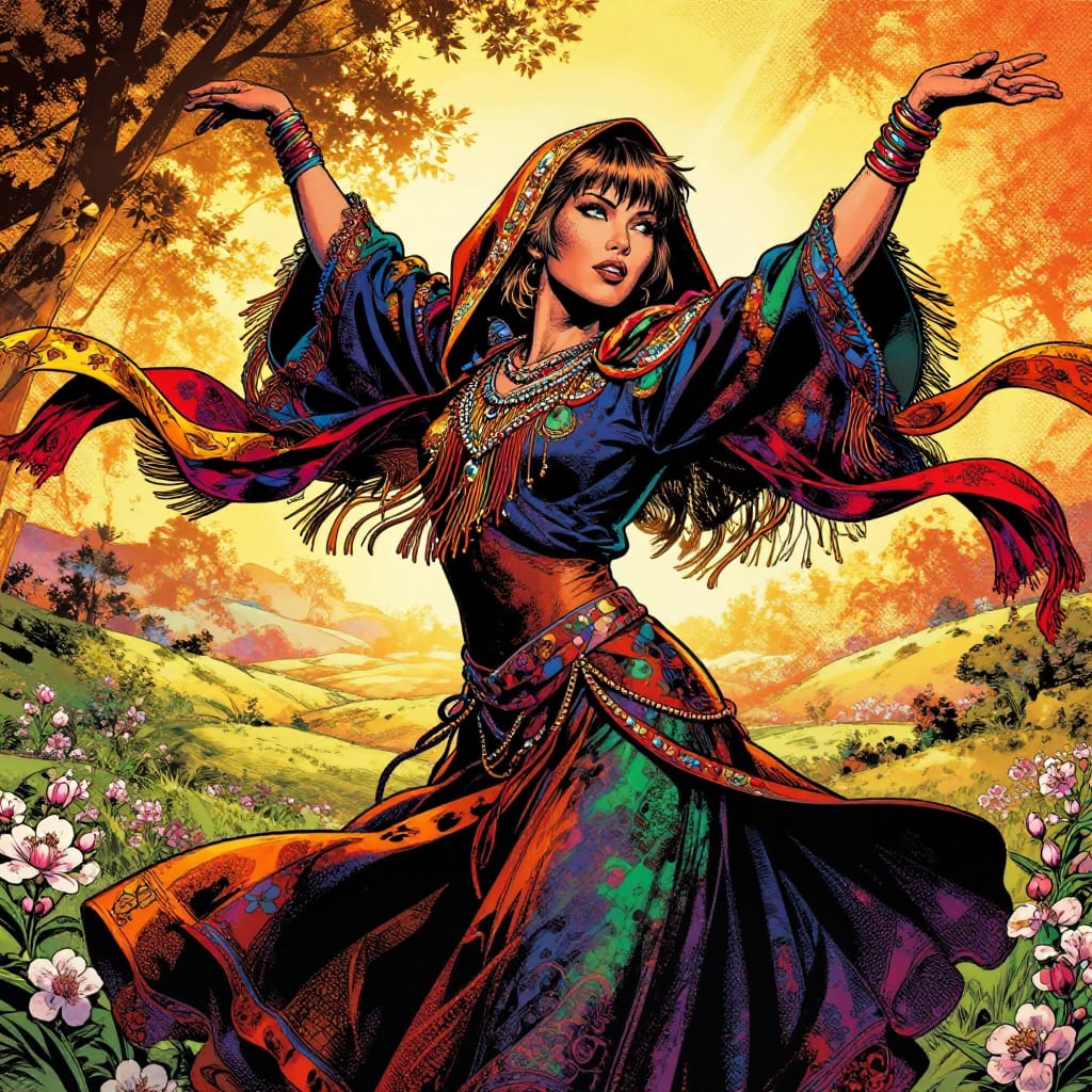 An Extreme Close-Up Western comic-book illustration in graphic dramatic style, rendered with bold outlines and vivid flat colors. Depicts a 50-year-old Taiwanese woman with the iconic Tomboy Cut hair—short, layered, and tousled with a hint of sun-bleached texture—and hooded eyes that convey mystery and intensity. She wears a vibrant gypsy costume featuring flowing, hand-dyed fabrics in deep indigo, burnt orange, and emerald green, accented with intricate beaded embroidery and a wide, fringed veil. Her arms are outstretched mid-dance, adorned with multi-colored scarves in fiery reds, electric blues, and golden yellows that flutter dynamically across the frame. The background is a lush, vibrant landscape—rolling hills, blooming jasmine, and golden sunlight filtering through trees—rendered in halftone shading for a gritty, textured surface. The composition is dynamic and heroic, with strong diagonal lines guiding the eye from her raised arms to the horizon. Lighting is dramatic, with high contrast between deep shadows and radiant highlights that emphasize her silhouette and the texture of her garments. The overall feeling is one of powerful resilience, cultural pride, and joyful movement in a sunlit, dreamlike world.