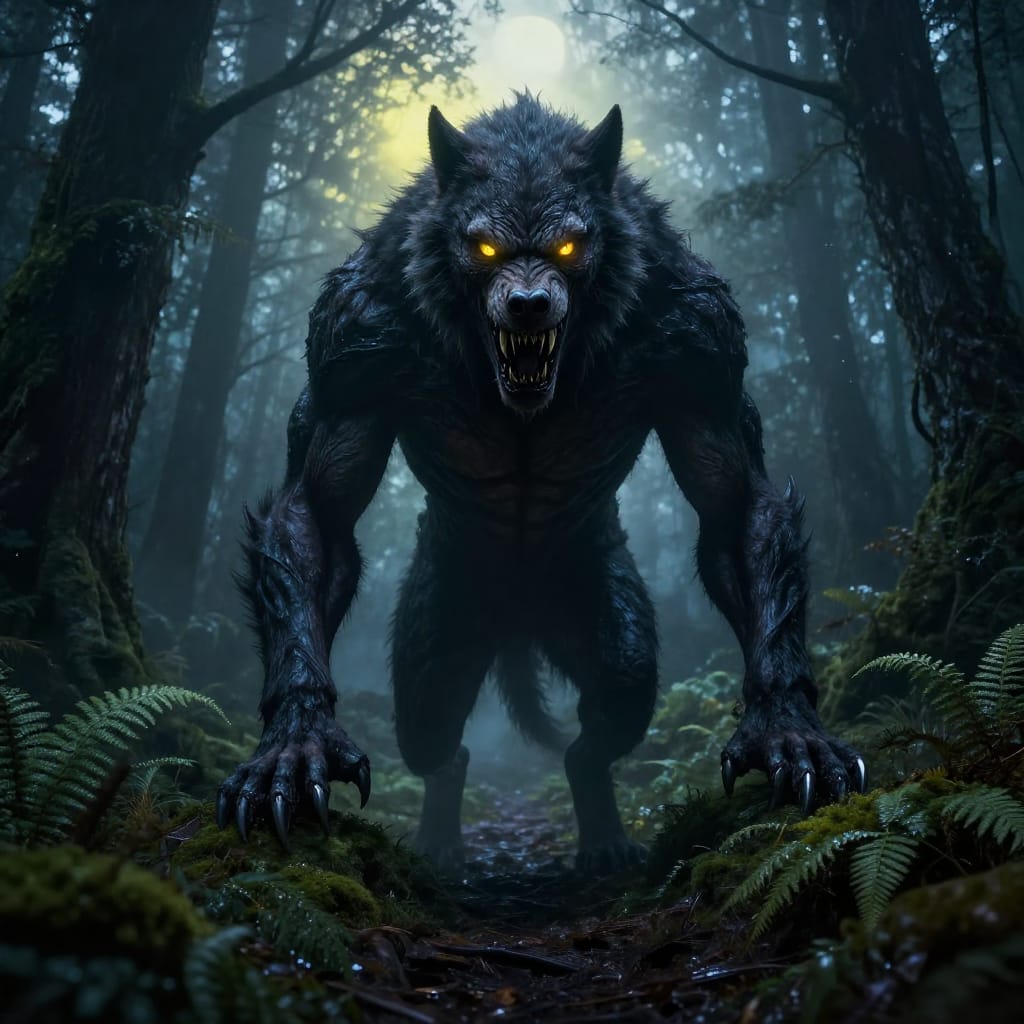 Hyper-realistic digital artwork of a towering werewolf standing centered on a mist-laden forest path, its muscular form rendered with anatomical precision and textured skin that glows faintly under cold moonlight. Sharp, clawed hands grip the earth, while towering trees and dense ferns frame the background in deep shadows, creating layered depth through atmospheric perspective. The werewolf’s face is a mask of primal fury—yellow eyes burn with unnatural intensity, pupils dilated like embers, teeth like dag dagger-like protruding from a snarling jaw. A soft yellowish glow emanates from behind it, casting an eerie luminescence that contrasts with the dark blues and grays of the forest, enhancing its otherworldly presence. The surface is richly textured: moss-covered bark, dew-kissed ferns, and the subtle grain of tree trunks. The composition is dynamic, with the werewolf as the dominant subject, its form filling the frame with a sense of looming menace. The dark fantasy style emphasizes mood over ornamentation, using chiaroscuro lighting to highlight its features and amplify the atmosphere of dread. The overall feeling is one of terrifying beauty—fierce, ancient, and unsettlingly alive.