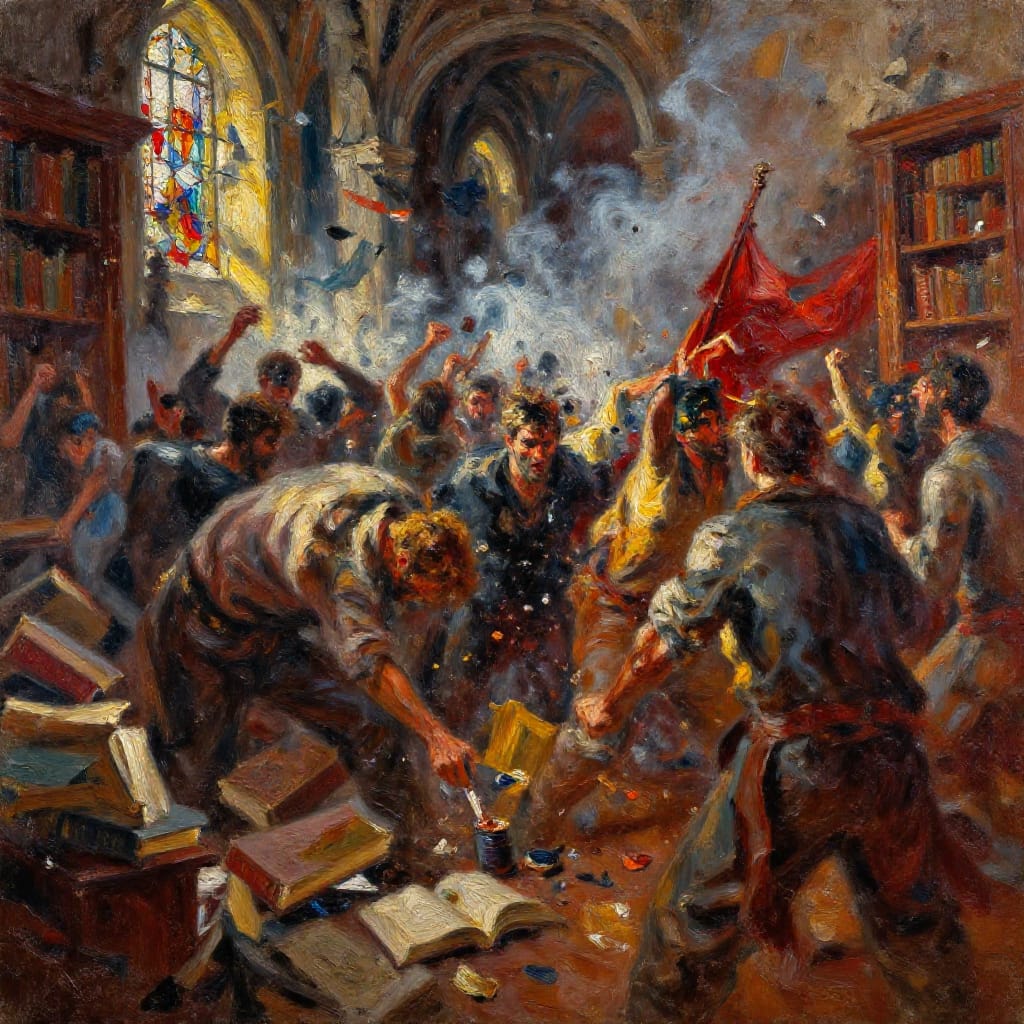 A riot erupts in a grand library, rendered in oil paint on textured canvas with thick impasto brushwork. The scene is captured from a wide-angle perspective, framing the chaos: a dense crowd of rioters, their faces lit by harsh overhead sunlight filtering through shattered stained glass windows, clash in a frenzied tableau. The foreground features scattered books, overturned furniture, and broken shelves, while the midground erupts with figures in layered clothing—some in muted earth tones, others in vibrant reds and yellows from banners—drenched in dynamic movement. The background reveals crumbling stone arches, cracked plaster, and distant stained glass fragments, their colors bleeding into the smoke rising from the chaos. Harsh, directional light casts deep shadows, emphasizing texture and depth. The color palette blends warm amber, burnt sienna, and cool grays with bursts of fiery red and golden yellow, creating a tense, vivid atmosphere where order is shattered by violent disorder.