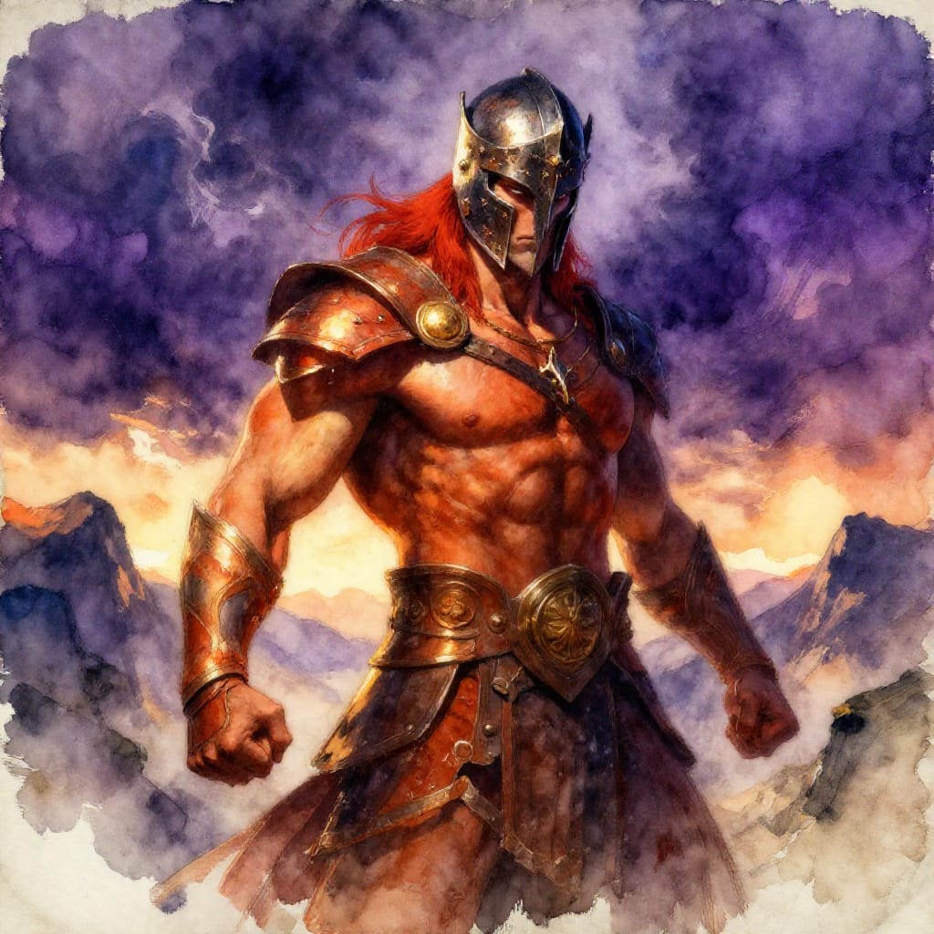 Ares: God of War, Violence, and Bloodshed, rendered in a vibrant watercolor on aged textured paper. The central figure stands as a dynamic, muscular warrior with long red hair and a dark, weathered helmet adorned with battle scars. His armor glows with rich ochre and burnt sienna tones, catching warm golden light that highlights his fierce expression and clenched fists. The background features a stormy sky of deep indigo and violet, streaked with swirling clouds, while distant mountains loom beneath a setting sun, casting long shadows across the landscape. The watercolor medium creates soft, flowing washes with delicate gradients and subtle layering, while the aged paper adds a tactile, slightly textured surface that enhances the artwork’s depth and authenticity. The composition is balanced yet dynamic, with a strong diagonal line from Ares' shoulder to the horizon, emphasizing his commanding presence. The overall atmosphere is bold, powerful, and cinematic—capturing the raw energy of war and the mythic grandeur of the god of battle.