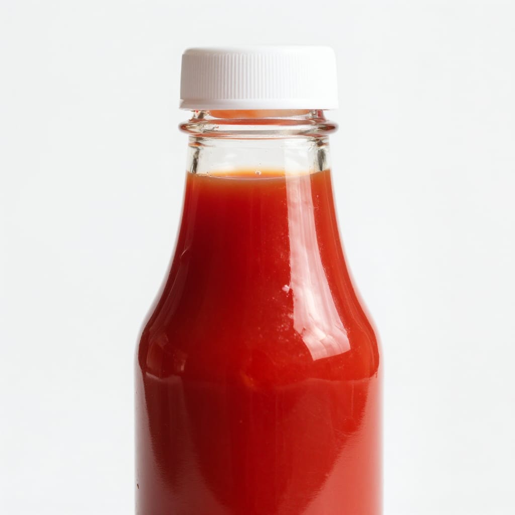 A highly detailed close-up shot of a clear glass bottle filled with vibrant red ketchup, captured through a macro lens to emphasize its transparency and texture. The bottle stands vertically against a plain, matte white background, creating a minimalist composition centered in the frame according to the rule of thirds. Bright, even studio lighting sculpts the scene from above, casting soft highlights on the glass surface and deep shadows beneath the cap, which is precisely sealed with a smooth white lid. The liquid inside displays a rich, glossy red hue with subtle gradients near the top, where it meets the glass. The atmosphere is clean and sterile, focusing solely on the product’s clarity and color. No other elements distract from the bottle’s prominence; the white backdrop enhances its contrast. The lens type is macro, capturing fine details such as the rim of the glass, the slight curvature of the cap, and the way light reflects off the liquid surface. Motion is absent, maintaining a still, professional tone. The color scheme is warm and saturated, with red dominating as the primary focal point. The overall feeling is polished, clean, and unembellished, embodying a high standard of product presentation.