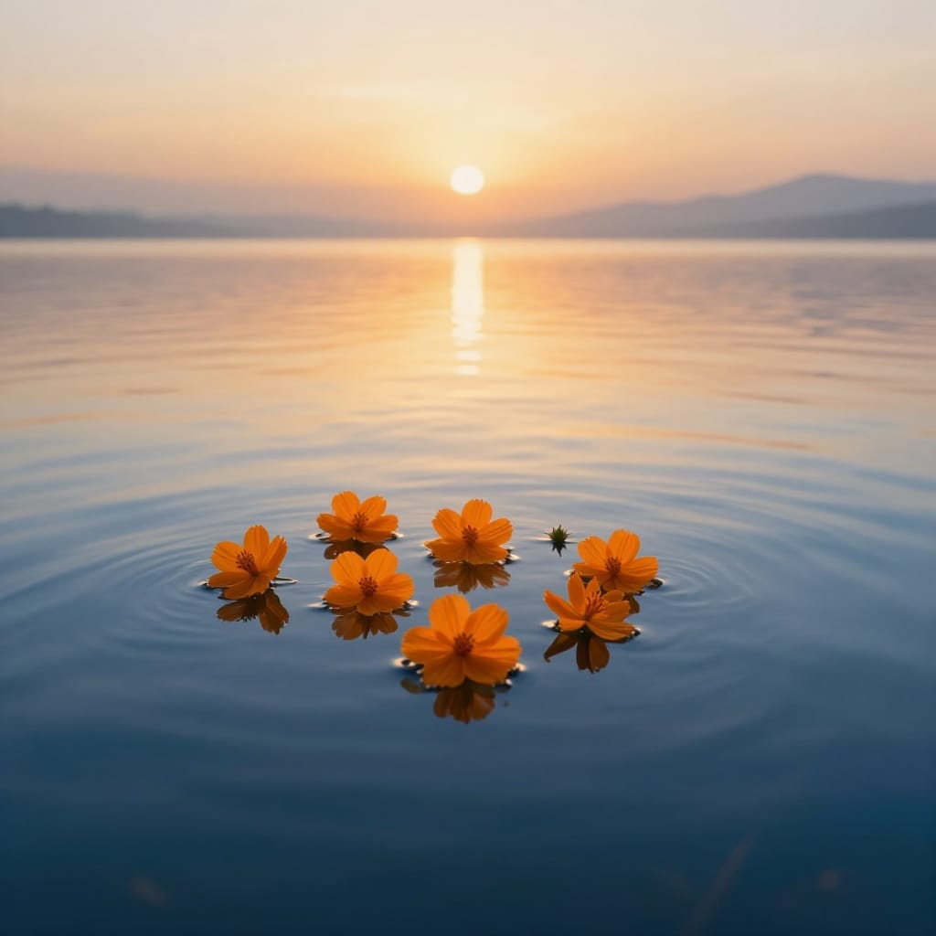 A wide-angle wide shot captures a serene scene of several vibrant orange flowers floating on a still body of water, likely a pond or lake at sunrise or sunset. The composition places the flowers slightly off-center to the left, following the rule of thirds, with soft reflections of the warm, golden sky above creating a dreamy gradient across the horizon. The water acts as a mirror-like surface, capturing the radiant light and amplifying the ethereal glow on the floating petals. The flowers, delicate and intricate, are rendered in rich orange tones that contrast beautifully with the cool blue hues of the water and sky. The atmosphere is tranquil and peaceful, infused with a subtle magic realism as the light wraps around the scene like a soft veil, enhancing the sense of calm beauty. The lens type is wide-angle, preserving the expansive view without distortion, while the stillness of the moment emphasizes the quiet elegance of nature. The color scheme is dominated by warm golds and oranges, balancing against deep blues and silvers in the water and sky. The overall feeling evokes a sense of serenity, wonder, and gentle tranquility, perfect for a peaceful evening or morning by the water's edge.