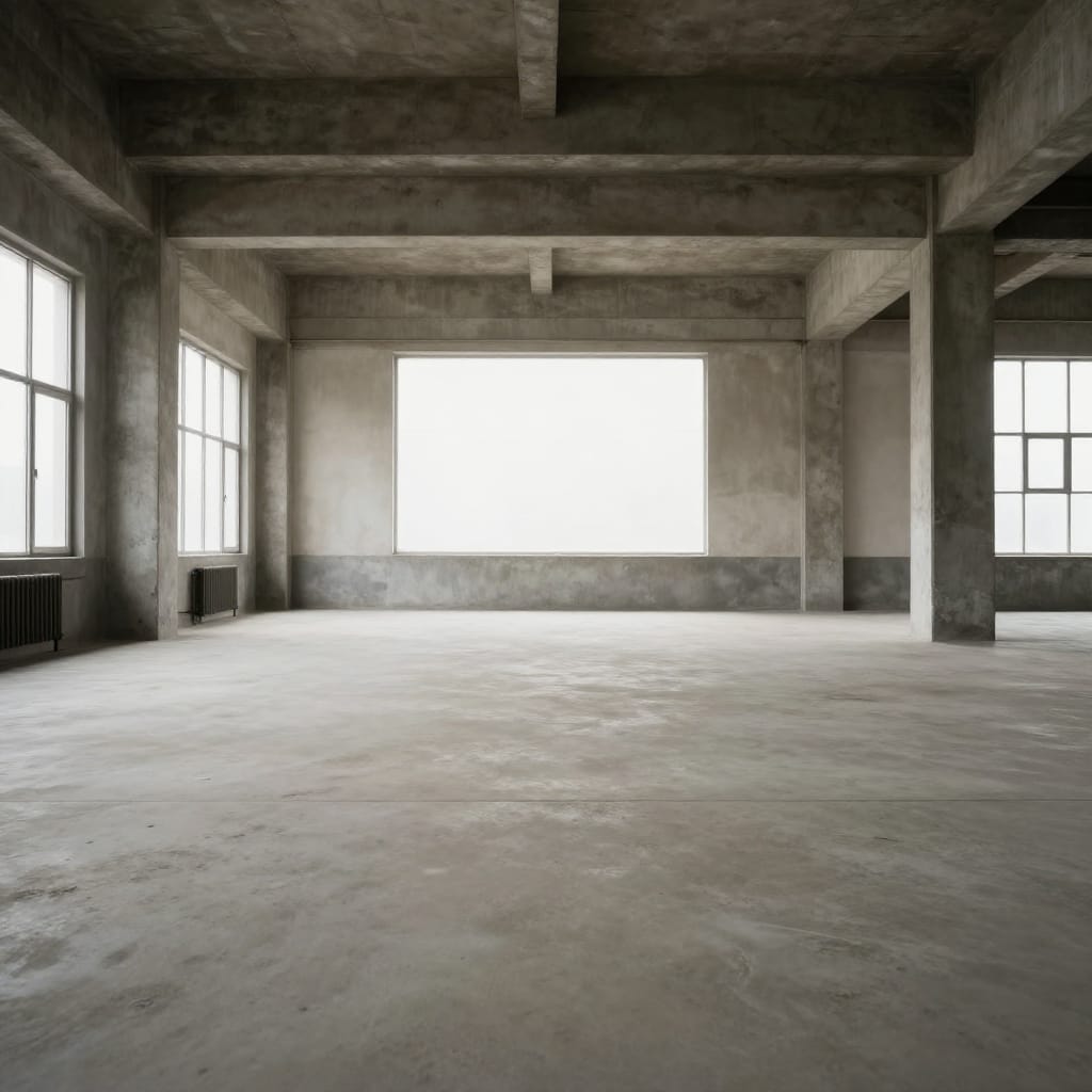 An expansive wide-angle shot captures an empty industrial-style room in a relaxed, muted atmosphere. The scene is composed using the rule of thirds, with the concrete floor and walls forming the dominant foreground, while large rectangular windows on opposite walls dominate the midground, letting in soft natural light that fills the space evenly. The background reveals structural elements: towering concrete pillars and beams rise vertically, their raw texture emphasized by weathered surfaces and subtle cracks. Two sets of windows—one on the left with a radiator beneath each—frame the scene with geometric precision. The neutral color scheme of grays, beiges, and pale whites creates a calm, uncluttered palette, enhanced by the soft, diffused lighting that eliminates harsh shadows. The wide-angle lens exaggerates the room’s scale, compressing the depth to emphasize the vastness and quiet openness. No furniture or figures are present, reinforcing the sense of emptiness and spaciousness. The atmosphere is still and contemplative, with a quiet hum of ambient sound, evoking a feeling of neutral serenity and minimalist elegance.