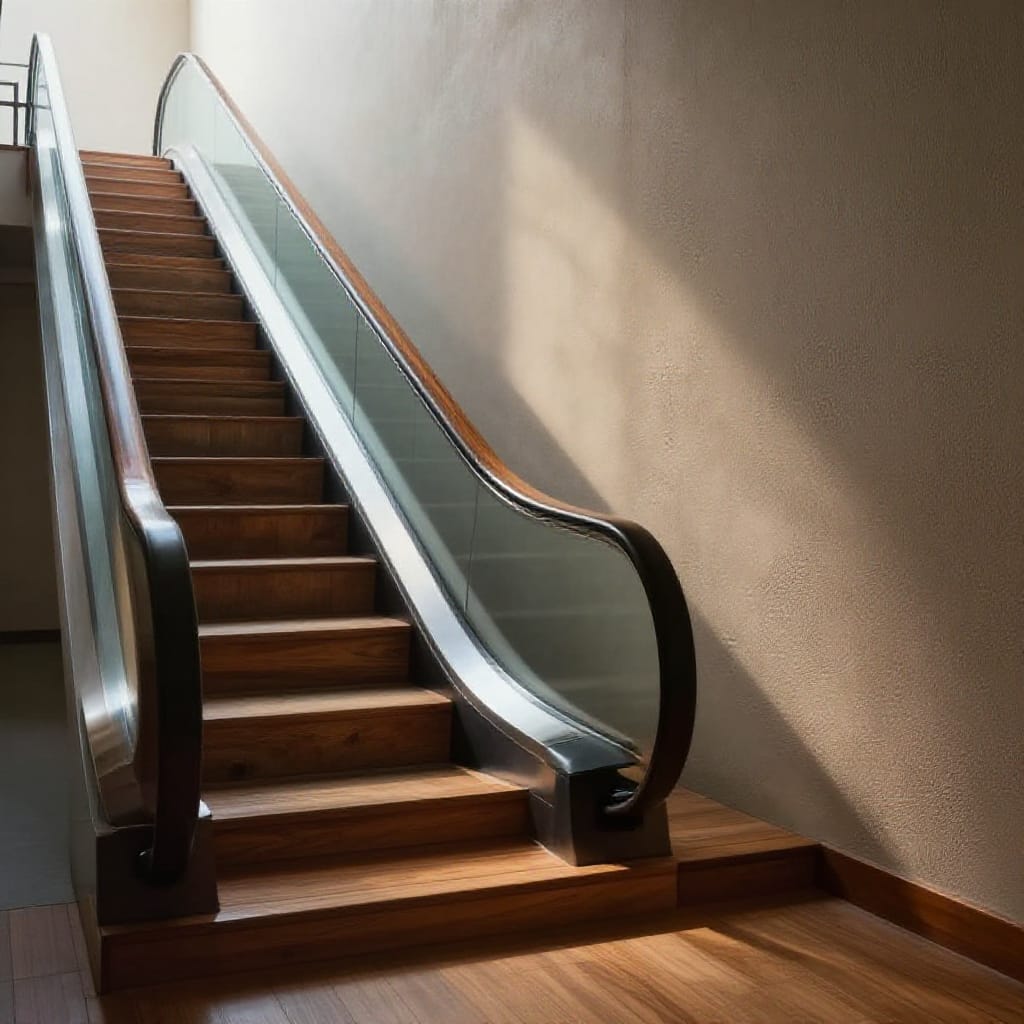 A wide shot captures a surreal transformation of an escalator into stationary wooden stairs, with the metallic frame and handrails replaced by polished wood planks and railings. The subject occupies the left third of the frame, its steps descending gently toward a soft glow from an unseen window source that casts subtle shadows across the plain, textured wall on the right. The composition balances the mechanical precision of the stairs with the organic warmth of wood, creating a visual paradox of motion turned still. Natural lighting bathes the scene in soft, diffused tones, enhancing the mysterious atmosphere as if the space holds a quiet secret. The standard lens renders a balanced perspective without distortion, emphasizing the calm stillness of the transformed structure. No figures or distractions disrupt the focus, leaving only the interplay of texture—smooth wood, smooth metal, and rough wall—to evoke curiosity about this unexpected transformation.