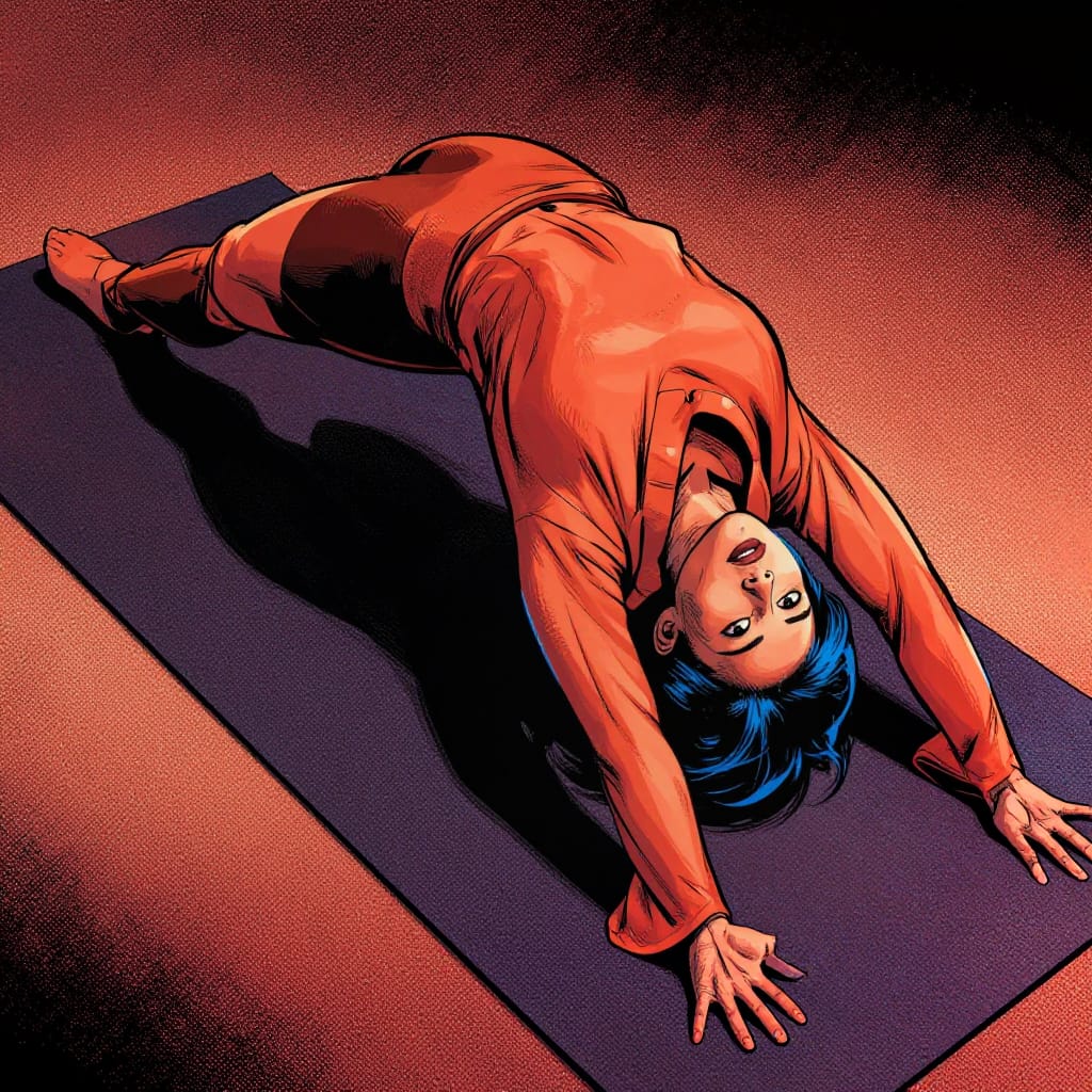 A Western comic-book illustration of a 45-year-old Singaporean woman in a dynamic heroic pose, her short coiled bob hair catching the light with bold outlines and vivid flat colors. She performs a backbend on a yoga mat, her hooded eyes wide and intense, framed by expressive, graphic lines that emphasize her posture and expression. The composition is dynamic and heroic, with strong diagonal lines from her spine to her outstretched arms creating a sense of motion. The surface features halftone shading for texture, giving a printed feel with distinct dot patterns. Vivid flat colors dominate—warm terracotta for her skin, electric blue highlights on her hair, and deep charcoal shadows beneath her form. The lighting is dramatic, with high contrast and a single key light source casting sharp highlights across her face and hair while plunging the background into deep shadow. The overall style combines graphic clarity with expressive emotion, capturing a moment of strength and grace in a bold, stylized illustration.