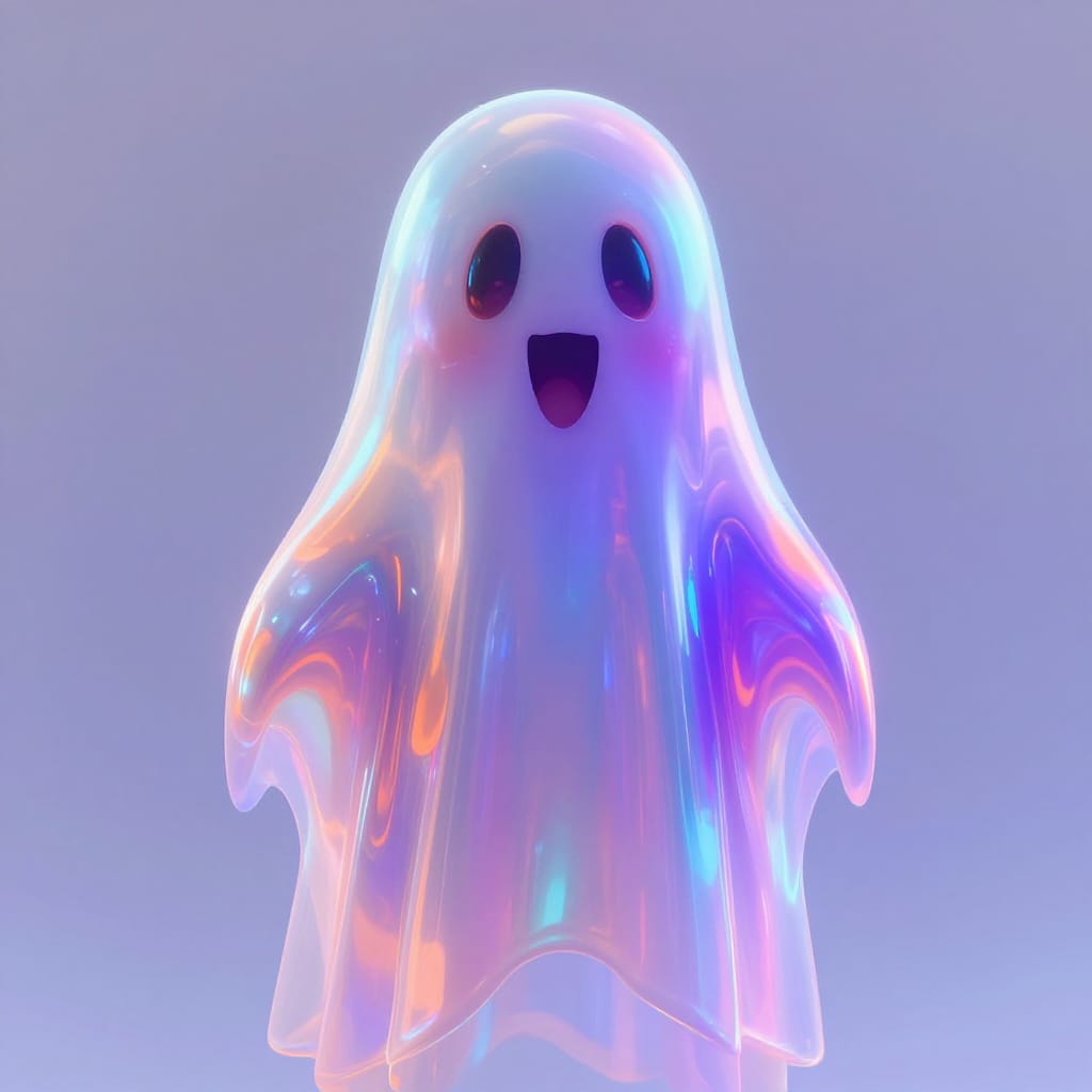 A modern, whimsical digital illustration of a ghostly figure standing upright and centered, its rounded, translucent body shimmering with iridescent gloss that catches soft, even lighting. The figure features large, luminous eyes and a wide, smiling mouth that exudes playful charm, its smooth, glossy surface rendered with subtle iridescence. From its shoulders and chest radiate neon-like streaks of vibrant orange, electric blue, and deep purple, adding dynamic depth and color contrast. The composition is balanced with the figure as the central focal point, surrounded by a softly lit environment that enhances its mystical presence. The art medium is a high-resolution digital illustration, combining smooth, fluid brushwork with precise digital rendering to achieve a delicate realism fused with surreal charm. The overall feeling is enchanting and playful, evoking wonder and gentle magic through a harmonious blend of whimsy and refined detail.