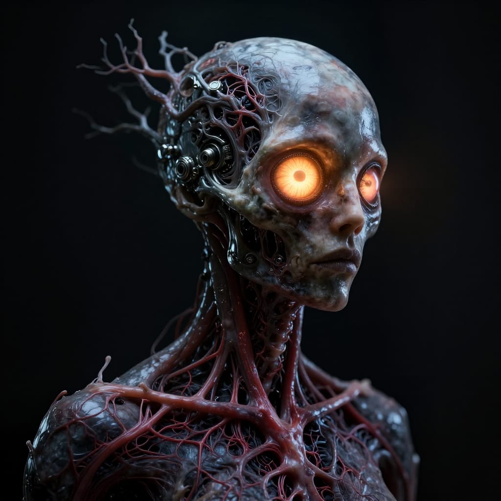 A surreal, dark, and eerie image of a humanoid figure with a tree-like head constructed from a human skull fused with organic branches and mechanical components. The head features a large glowing organic eye in warm amber, contrasting with a precise mechanical eye embedded in its metallic socket, both emitting soft volumetric light. The figure’s exposed torso reveals intricate red vascular networks and pulsing blood vessels, rendered with hyper-detailed anatomical precision. The surface is a high-gloss synthetic canvas with subtle grain texture, enhancing tactile realism. The composition centers the figure against a black void, where volumetric lighting from above and behind casts soft shadows and highlights the organic eye’s glow while creating a sense of depth. The color palette is dominated by deep blacks, cool grays, and the warm amber radiance of the eyes, evoking an atmosphere of quiet horror and cosmic unease. The image is rendered at 8k resolution with photorealistic clarity, cinematic lighting that enhances the surreal contrast between organic life and mechanical decay, and hyper-detailed textures on both skin and synthetic materials that merge seamlessly into the surreal whole.