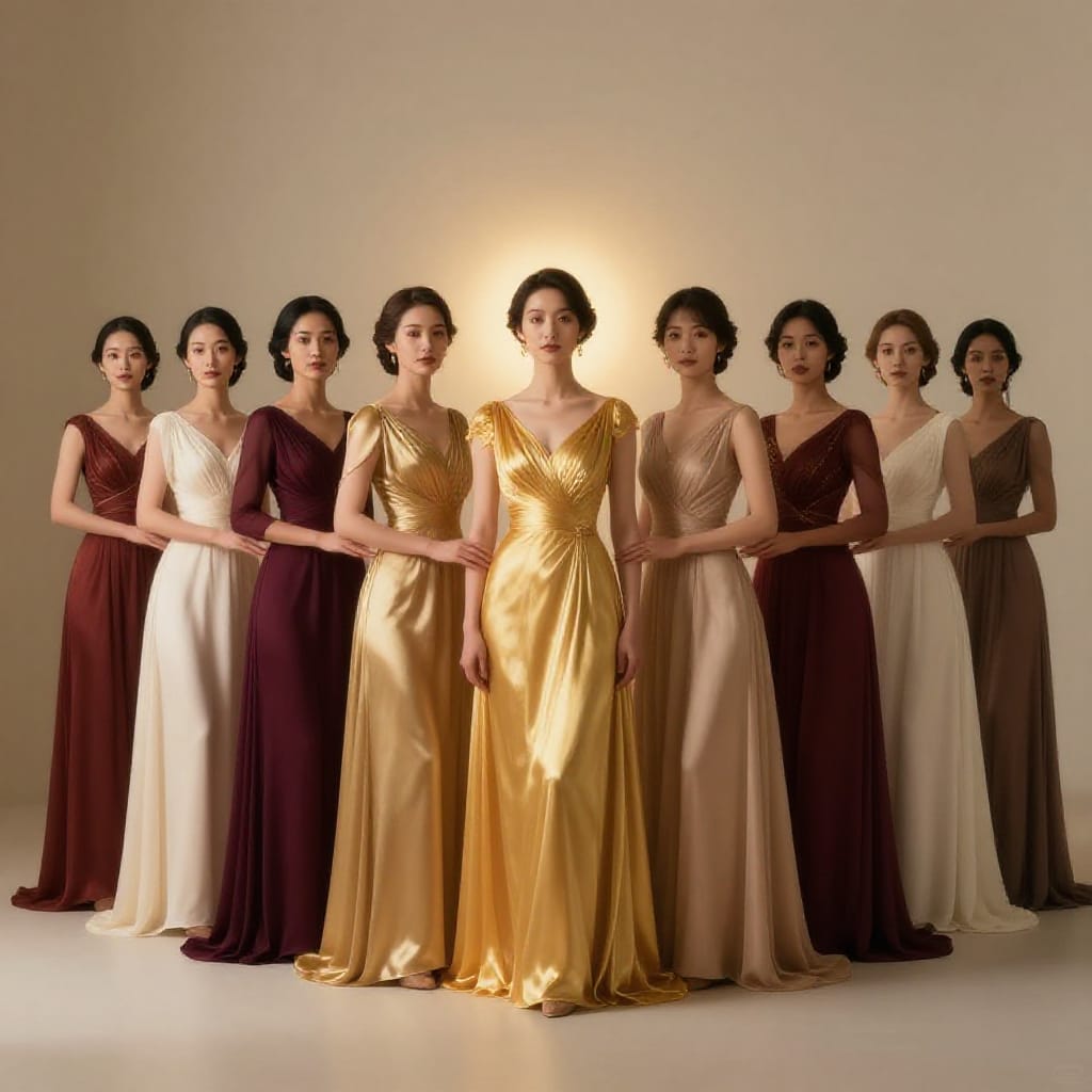 A wide shot captures seven women standing in a perfectly balanced line, their elegant gowns in warm tones of gold, maroon, and cream flowing gracefully under soft, diffused light. The central figure wears a radiant golden gown that glimmers with a subtle halo effect, drawing the eye to her poised expression. The women are evenly spaced, their hands gently touching each other in a gesture of unity, creating a sense of ritualistic harmony. The soft lighting bathes the scene in a serene, formal atmosphere, with gentle highlights on the fabric and a neutral-colored wall behind them providing depth. The wide-angle lens captures the full expanse of the group, emphasizing their collective majesty while maintaining clarity and dimensionality. The overall feeling is one of quiet grandeur and timeless elegance, evoking a formal ceremony or ceremonial gathering through its composed arrangement, warm color palette, and harmonious light.
