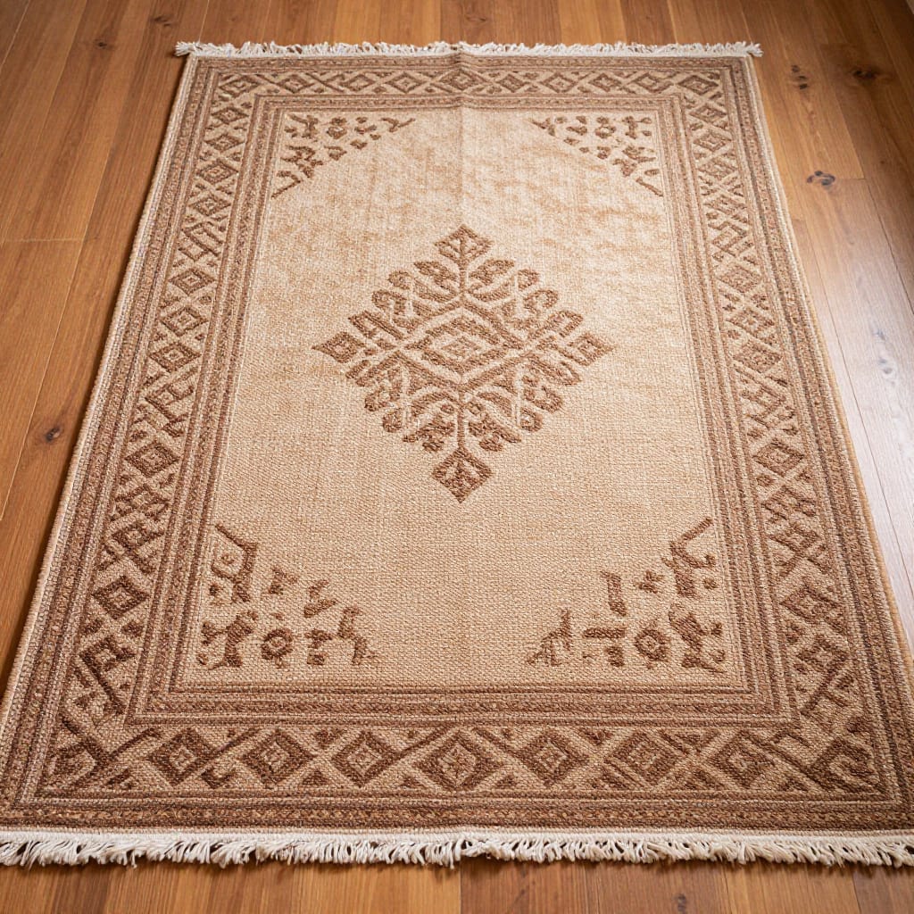 A close-up view of a neatly placed woven rug on a wooden floor, captured with a standard lens that emphasizes its intricate design and texture. The composition centers the rug using the rule of thirds, filling most of the frame to draw immediate attention to its simplicity and elegance. The lighting is even and natural, diffused from an indoor source that highlights the warm wood tones of the floor and casts soft shadows into the rug’s pattern. The atmosphere is calm and serene, with a neutral color palette that blends the earthy brown of the rug’s central square design, its lighter outer edge, and darker border, all harmonizing with the wooden floor. The fringed edges add a delicate decorative touch, while the absence of any other objects or people in the scene ensures that the rug remains the sole focus. The stillness of the composition enhances the feeling of quiet relaxation, evoking a sense of peaceful comfort and understated sophistication.