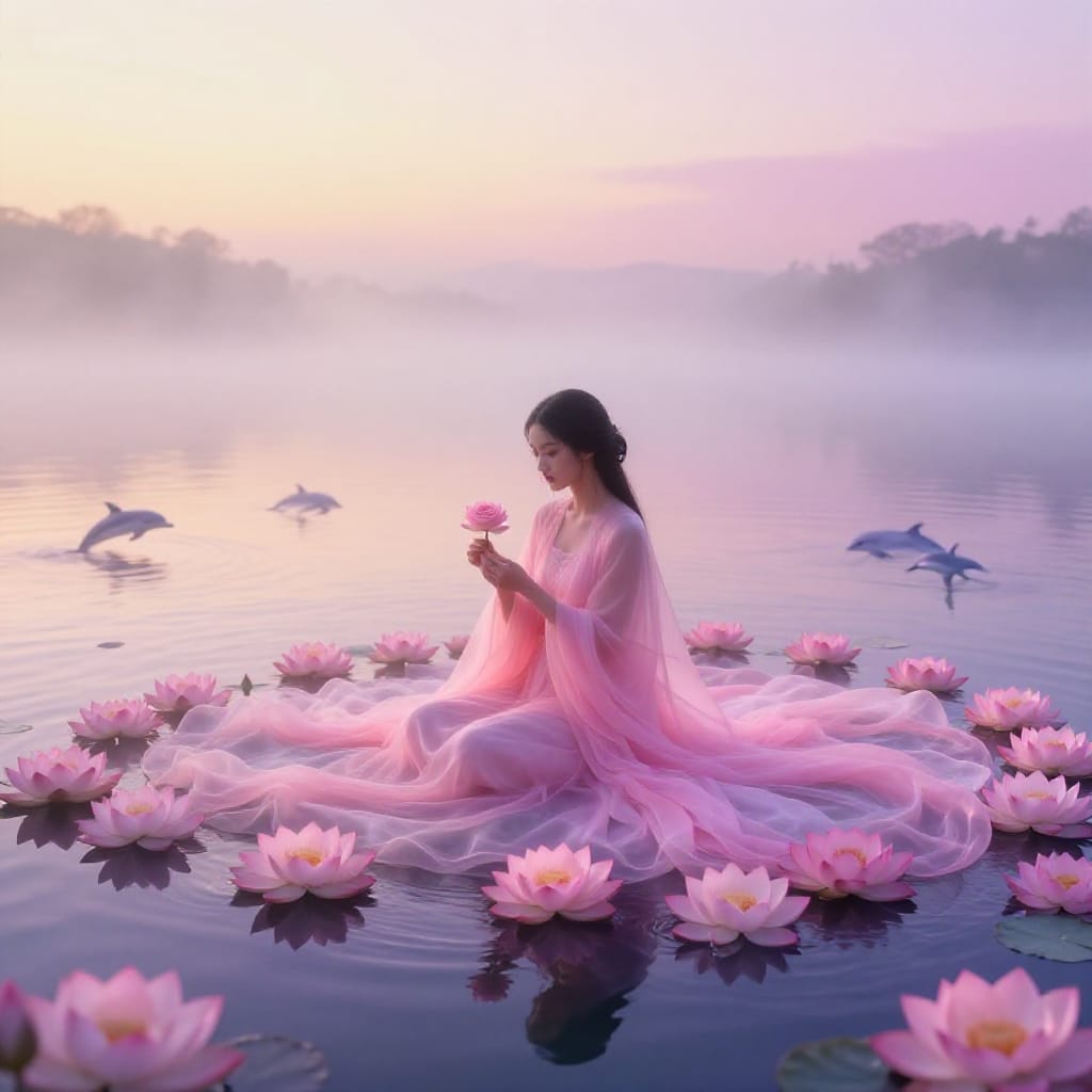 A woman seated on a bed of lotus flowers, gently holding a delicate rose in her hands. She is dressed in a flowing, ethereal garment of soft pink silk that billows around her like a living cloud. The scene is set in a serene, misty landscape where water gently ripples beneath a canopy of floating lotus blooms, with dolphins gracefully navigating the surface. The composition centers the woman slightly off-center using the rule of thirds, with her rose in the foreground and the misty water and distant horizon softly blurred to emphasize her presence. A wide-angle lens captures the expansive scene, preserving the soft, diffused lighting that bathes the entire frame in a gentle, golden hue reminiscent of sunrise or sunset. The atmosphere is mystical and tranquil, with a sense of quiet wonder as if the moment itself holds its breath. The soft pinks and purples of the lotus petals blend seamlessly into the sky, creating a dreamlike harmony that elevates the scene to a timeless, peaceful stillness.