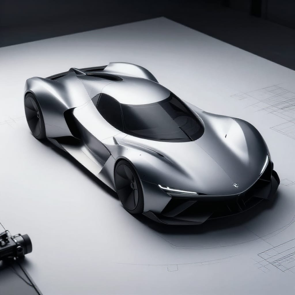 A sleek, futuristic sports car is positioned on a light gray drafting table surface, its aerodynamic form defined by sharp angles and a low, wide stance that suggests speed and agility. The car, rendered in shades of gray, black, and white, features a metallic sheen with subtle reflections catching the light. A camera at a low, three-quarter angle captures the car from the side profile, emphasizing its curved lines and front-facing design. Dramatic lighting from the front-left side creates sharp contrast, casting strong shadows to the right and highlighting the car's contours with precision. The monochromatic color scheme, devoid of vibrant color, enhances the technical focus on form and function. Minimalist details include precise measurements etched into the surface and subtle annotations, suggesting a design studio or engineering context. The atmosphere is one of quiet precision and innovation, with no distractions. A normal or wide-angle lens captures the car's full detail without distortion, emphasizing its cutting-edge design and futuristic allure.