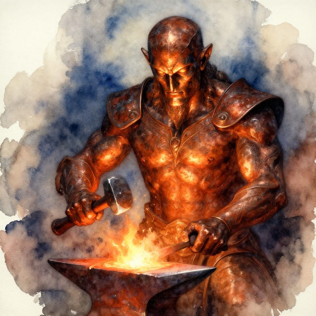 Hephaestus: God of fire, metallurgy, and craftsmanship, depicted in a serene yet powerful pose as a watercolor on aged paper. The composition centers on his weathered, bronze-skinned face, with deep lines and glowing eyes that radiate wisdom and warmth. His hands, calloused and strong, hold a glowing anvil and hammer, their surfaces rendered in rich, textured washes of rusted reds and molten golds. The background dissolves into soft, misty blues and silvers, evoking the forge’s heat through subtle gradations. Light filters from above, casting gentle highlights on his skin and tools, while shadows deepen the folds of his tunic and the contours of his form. The watercolor medium lends a fluid, organic quality to the pigments, with delicate washes blending into each other to create a luminous, almost ethereal atmosphere. The aged paper’s textured surface enhances the tactile depth, while the color palette—ochre, terracotta, burnt sienna, and molten gold—evokes the warmth of creation and enduring craftsmanship. The overall feeling is one of reverent reverence, intimate connection to artistry, and the timeless power of human ingenuity.