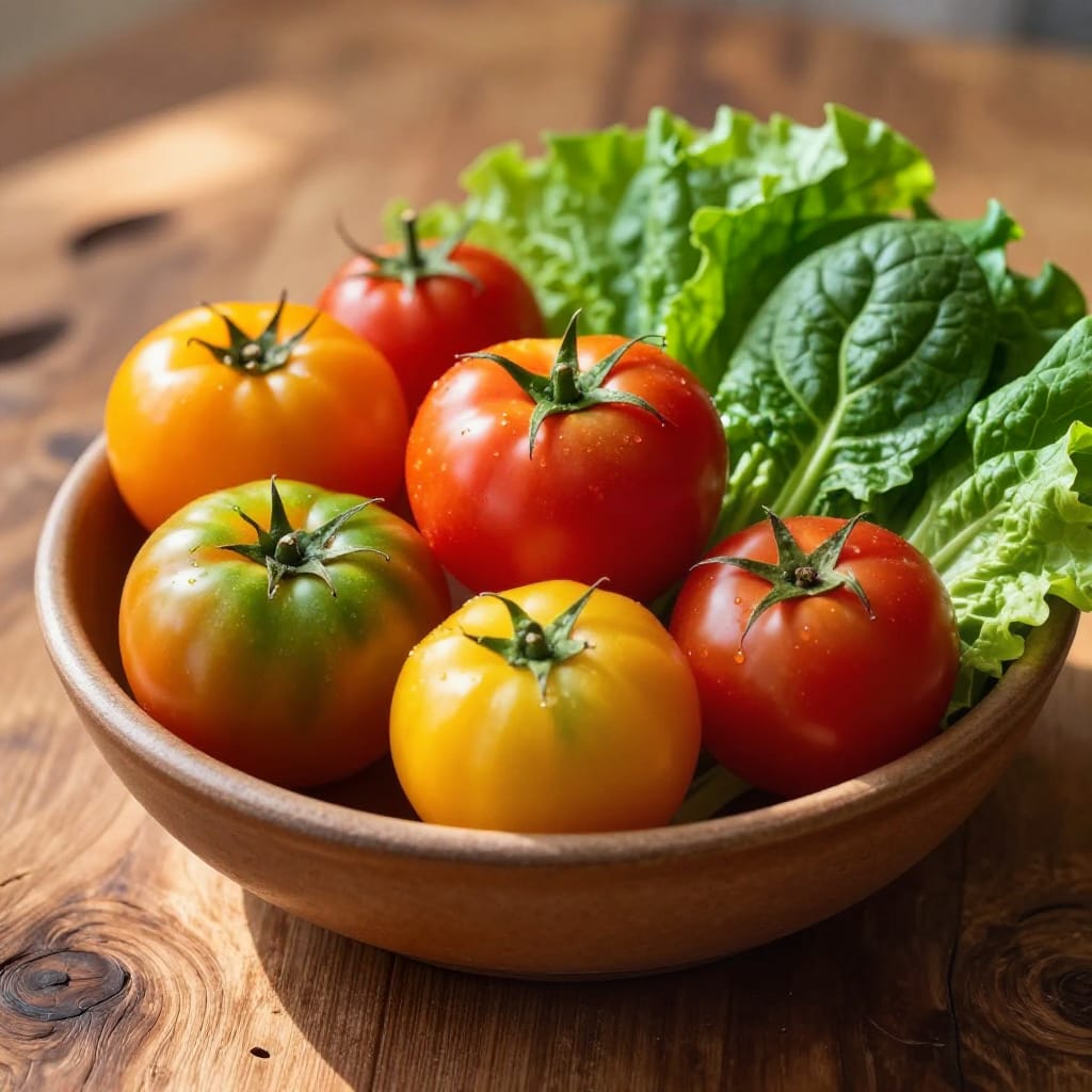 A meticulously composed close-up macro shot of fresh vegetables arranged on a hand-carved wooden surface within a ceramic bowl, centered precisely in the frame. The composition follows the rule of thirds with vibrant tomatoes—varied in deep red, golden yellow, and lush green hues and sizes—dominating the center, while delicate leafy greens like spinach and lettuce are softly scattered to their right, creating organic balance. The wooden surface displays rich, irregular grain patterns with subtle imperfections, enhancing tactile realism. The ceramic bowl is rendered in warm, earthy tones with a smooth matte finish that reflects soft highlights from the front-left lighting. Warm natural sunlight bathes the scene, creating gentle highlights on tomato surfaces and casting delicate shadows that define their forms without harshness. The color palette is harmonious: golden yellows, deep reds, vivid greens, and earthy browns blend seamlessly to evoke freshness and abundance. The lens captures intricate textures—the crispness of tomato skins, the velvety softness of lettuce, the grainy depth of the wood—with razor-sharp clarity. The atmosphere is relaxed and inviting, filled with a sense of warmth, joy, and simple culinary pleasure. The overall feeling is one of contentment and happiness, captured through the vibrant colors, natural textures, and serene arrangement of the vegetables.