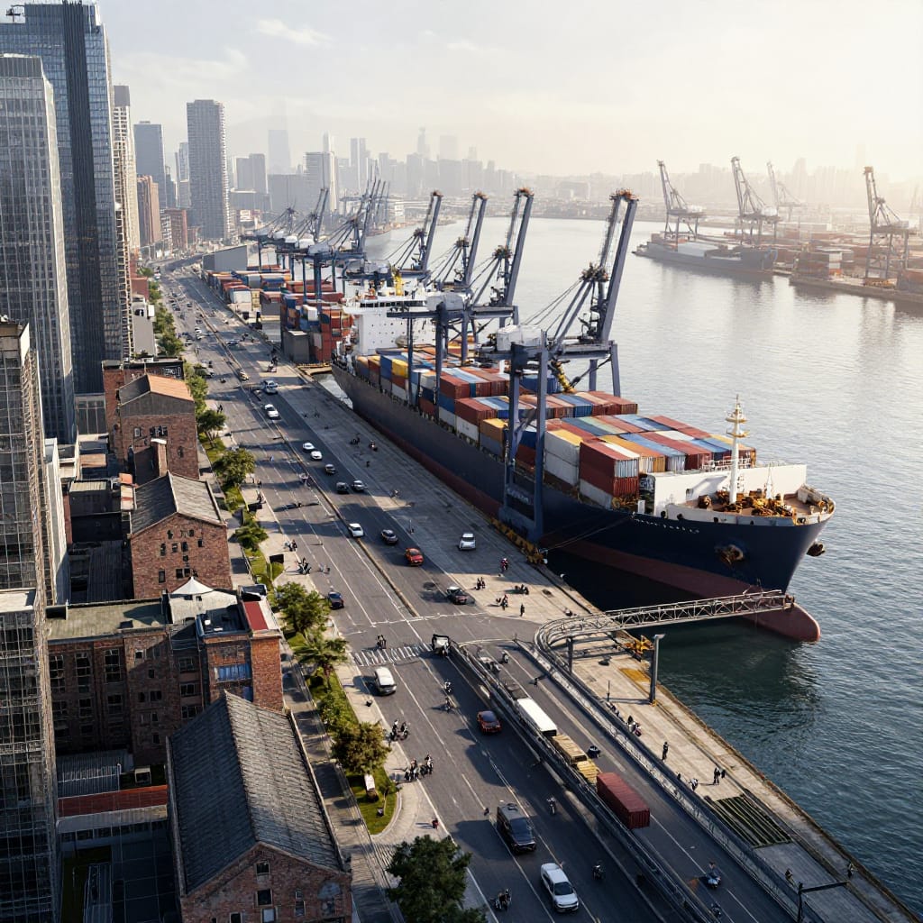 A detailed and realistic digital rendering of a modern urban waterfront at sunrise. The scene features a massive container ship docked at a bustling port, surrounded by towering industrial cranes, expansive warehouses, and a mix of sleek modern high-rises and weathered brick buildings. A broad steel bridge spans the calm water, connecting the shore to a dynamic street filled with traffic—cars, buses, bicycles, and pedestrians—all moving in a rhythmic flow. The composition balances the industrial scale of the port on the right with the dense urban sprawl on the left. The lighting is bright and natural, with sunlight casting long, sharp shadows that add depth to the scene. The color palette features neutral tones of gray, brown, and deep blue, punctuated by warm reds and yellows from the container cargo and subtle greenery along the riverbank. The image captures a sense of order and efficiency in a city defined by trade and transportation, with every element—from the smooth metal of the ship to the textured concrete of the buildings—rendered with meticulous detail to convey a vividly realistic and industrious atmosphere. The digital rendering combines hyper-realistic textures with subtle atmospheric haze at sunrise, enhancing depth and authenticity.