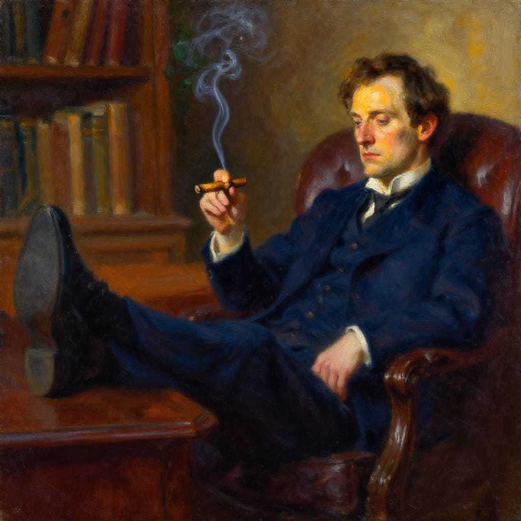 A detailed oil painting on canvas depicting Winston reclining in a leather chair, legs raised onto a wooden desk. His face is illuminated by a warm, golden lamplight from the right, casting soft highlights on his forehead, cheekbones, and the curve of his neck. The brushwork features thick impasto strokes for textured fabric and skin, with delicate cross-hatching defining facial features. The composition balances the midground of Winston’s relaxed posture against a softly blurred background of bookshelves and a potted plant, enhancing depth. A lit cigar rests between his fingers, its smoke curling upward to blend with the ambient glow. The color palette combines rich mahogany tones for the desk, deep indigo shadows, and warm amber highlights, creating a harmonious contrast that evokes a contemplative, intimate atmosphere of quiet sophistication.