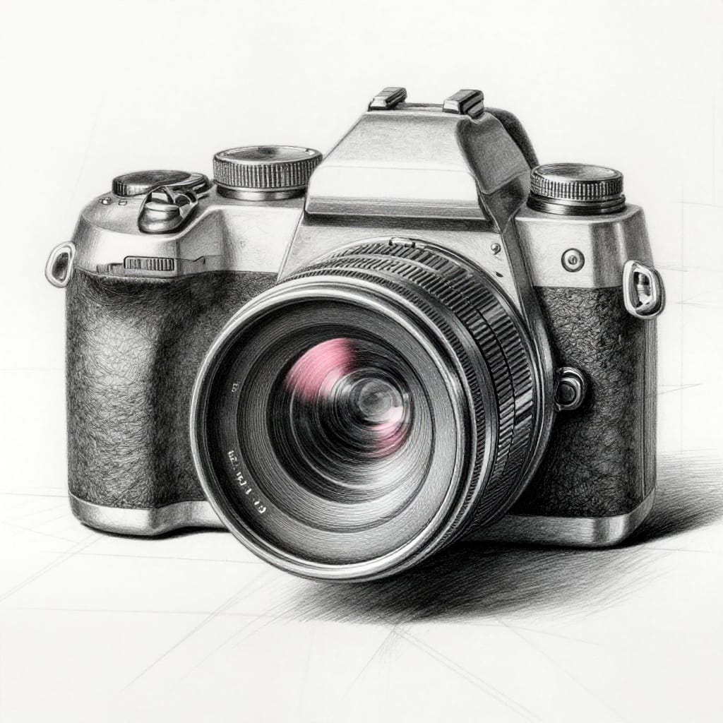 A meticulously detailed pencil drawing of a camera rendered in monochrome with a rich gradient of gray tones that create depth through subtle shading and tonal variation. The camera is centered in the composition, its front face sharply focused to emphasize the lens, which exhibits delicate pink and red highlights that contrast with the surrounding metallic sheen. The body of the camera is constructed from fine, interlocking lines that capture the texture of its polished surface, while intricate shading adds dimensionality to the lens and housing. The background features faint geometric lines in soft pencil strokes, suggesting a technical blueprint or architectural sketch, which enhances the scene's professional and analytical character. Simulated light source from the front casts a gentle glow, creating a soft highlight on the camera’s lens and casting subtle shadows that define its three-dimensional form. The surface of the paper reveals a fine grain, adding tactile realism to the drawing. The overall atmosphere is serious and technical, evoking precision and craftsmanship through its exacting detail, balanced contrast, and deliberate composition.