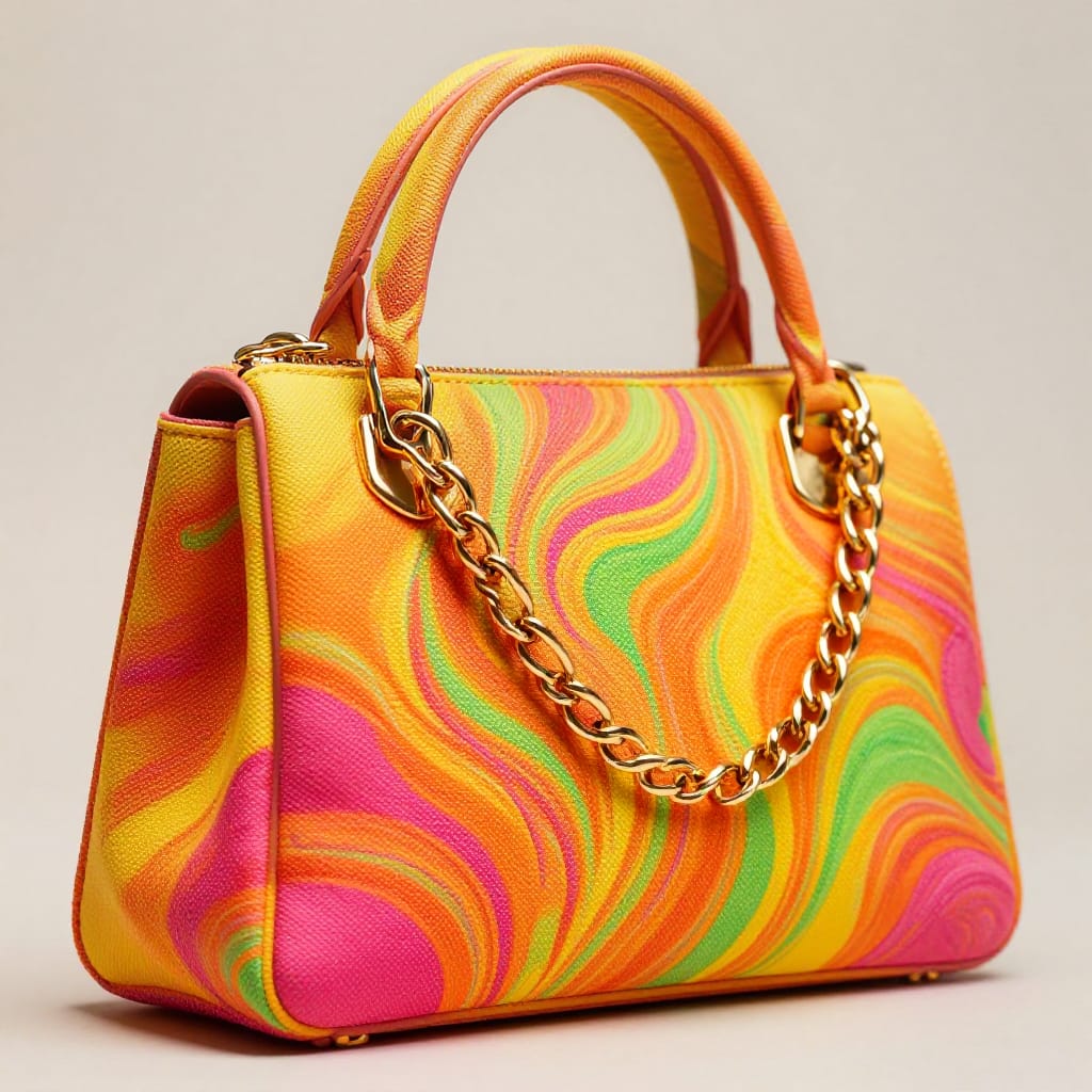 A vibrant close-up macro shot of a multi-colored handbag centered in a studio setting, captured with a macro lens to emphasize its intricate texture and design. The handbag features a dynamic swirling pattern in bold shades of yellow, orange, pink, and green, creating a lively and cheerful aesthetic. Its rectangular shape with rounded edges is accented by a gold-colored chain strap and a matching handle. The fabric appears to be woven canvas or similar material, with subtle texture visible under macro focus. The subject is illuminated by soft, even studio lighting from the front, eliminating harsh shadows and casting a warm glow that enhances the colors. The background is a plain, neutral gray or off-white canvas, providing a clean contrast that emphasizes the handbag’s design. The atmosphere is cheerful and vibrant, with every detail—from the intricate patterns to the metallic sheen of the chain—contributing to a sense of playful energy and fashion-forward elegance. The composition is tightly framed to highlight the bag’s full form, with no distracting elements, ensuring maximum visual impact.