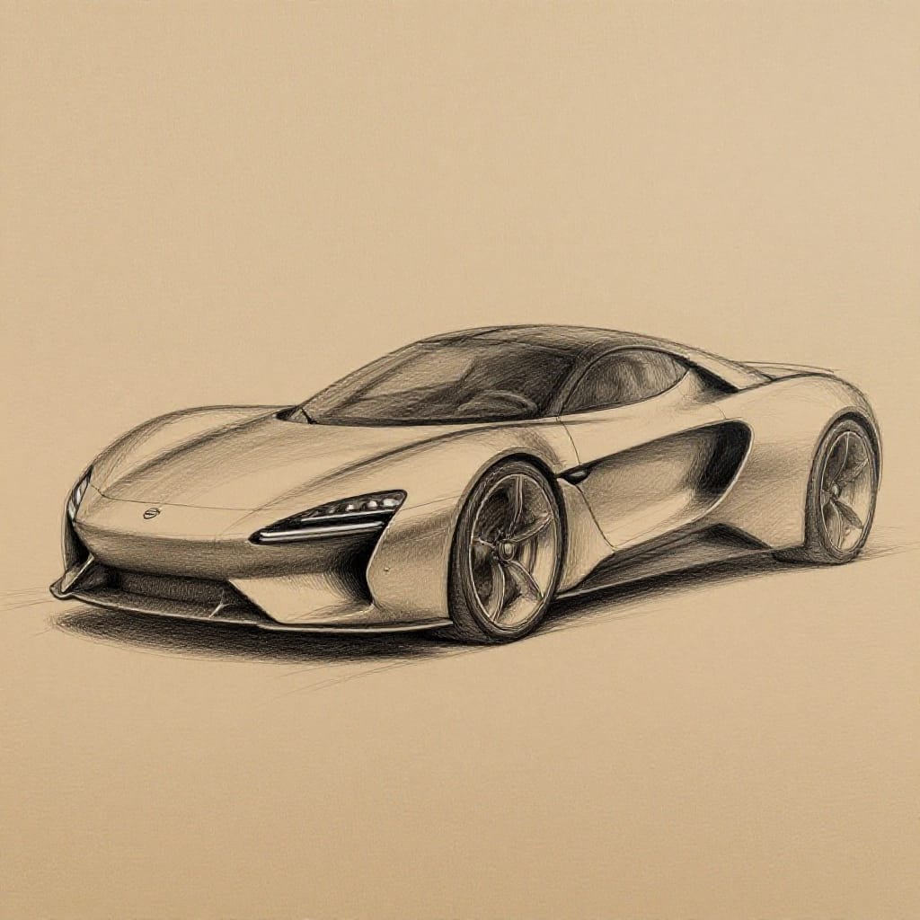 A futuristic sports car rendered in a detailed pencil sketch on textured paper, positioned in close-up composition following the rule of thirds with slight off-center placement to the left. The car exhibits aerodynamic curves and sharp lines, its design meticulously detailed with precise shading and fine linework. Even and soft lighting highlights its contours, creating gentle highlights on curves and subtle shadows beneath. The background is simple, composed of a textured paper surface with fine grain and subtle imperfections that contrast softly with the car’s clean lines. The scene is set in a controlled environment, suggesting a studio or design context where the vehicle is studied for its form and function. The atmosphere is muted and professional, conveyed through a monochromatic color scheme of deep grays and warm browns. The overall feeling is one of precision and technical mastery, capturing the car as a symbol of future automotive excellence.
