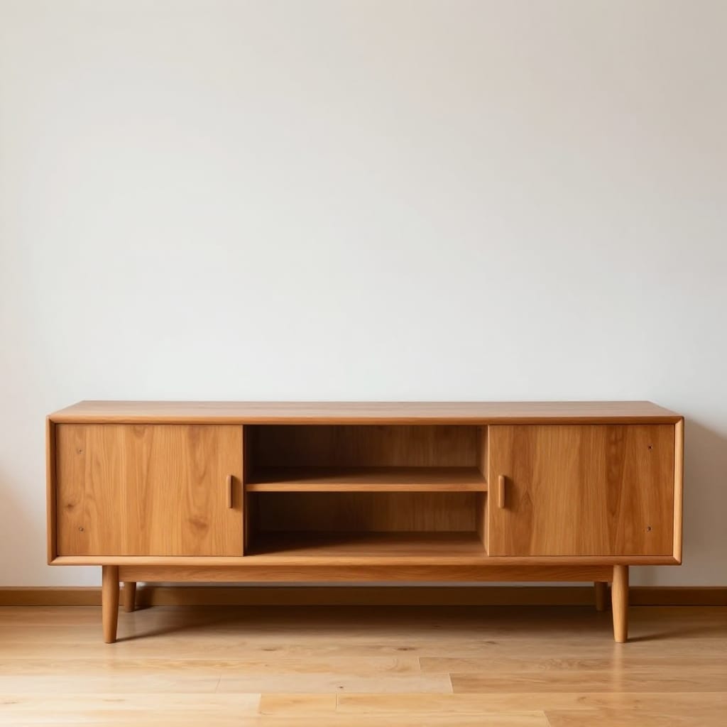 A mid-shot wide-angle view of a minimalist wooden sideboard centered in a clean, uncluttered room. The sideboard features two sliding doors with handles on each side and an open shelf in the middle, its surface a rich, warm natural wood with subtle grain patterns. It rests on a light wooden floor against a plain white wall, creating a balanced composition using the rule of thirds. Natural daylight streams evenly from an overhead source, casting a gentle glow that enhances the warm tones of the wood and eliminates harsh shadows. The scene is still and calm, with no other objects or people present to distract. The wide-angle lens captures the full breadth of the sideboard and its surroundings, emphasizing its clean lines and minimalist design. The warm color palette of golden brown wood and soft white wall creates an inviting atmosphere of quiet elegance and serene order.