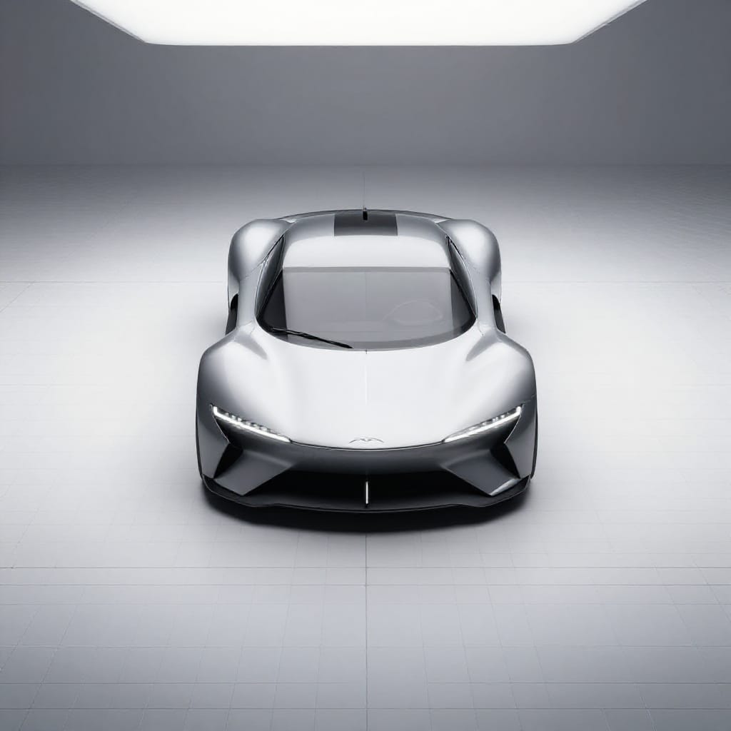 A sleek, modern futuristic car occupies the center of a wide-angle mid-shot frame on a flat testing ground. Rendered in monochrome with precise lines and measurements, the vehicle features a low-profile aerodynamic design, a distinctive front grille, and seamless curves that emphasize its engineering precision. The surrounding grid pattern, composed of evenly spaced lines, suggests a technical or design studio environment, enhancing the sense of symmetry and proportion. An even, bright artificial light source illuminates the scene from above, casting subtle shadows and highlighting the car's detailed surface texture. The atmosphere is clean and focused, with a professional, high-tech ambiance conveyed through the neutral color palette and crisp clarity. The wide-angle lens captures the car in sharp focus while slightly distorting the background grid to emphasize depth. No other objects or figures are present, ensuring the car remains the sole subject of visual attention. The overall feeling is technical and innovative, evoking a sense of cutting-edge design and precision.