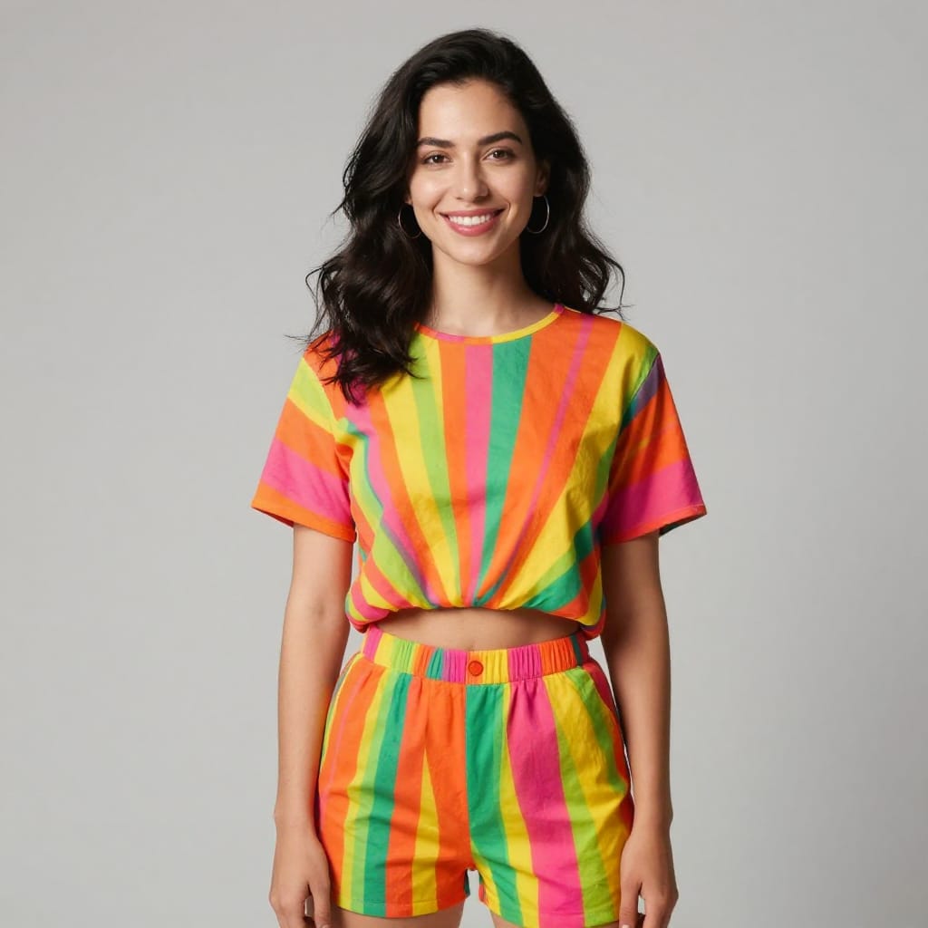A person stands in a mid-shot composition centered on the rule of thirds grid, wearing a vibrant multicolored outfit with a wavy, striped pattern in shades of pink, orange, yellow, and green. The cropped top and matching shorts feature bold, geometric stripes radiating from the center, creating a dynamic visual flow. The subject has long, dark hair styled in soft waves and wears simple hoop earrings that catch the light. The background is a plain, neutral gray wall that acts as a clean canvas, allowing the colors of the outfit to dominate. The scene is illuminated by even, bright artificial studio lighting that casts no shadows, highlighting the texture and saturation of the fabric. The standard lens captures a natural perspective with minimal distortion, emphasizing the subject's relaxed posture and cheerful expression. The image conveys a happy and vibrant mood through its vivid colors, balanced composition, and warm lighting.