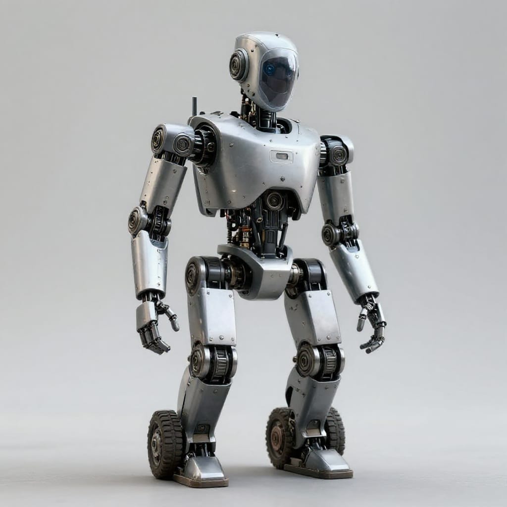 A humanoid robot stands in a mid-shot perspective, centered in the frame with its cylindrical head featuring a clear visor and a mechanical torso displaying precise mechanical joints. Its limbs end in claw-like hands, and at the base of its legs are large, wheel-like components suggesting mobility across varied surfaces. The robot's surface is metallic, detailed with visible rivets and bolts, exhibiting a utilitarian and industrial design with no decorative elements. The environment is minimalist, featuring no discernible background elements, emphasizing the robot as the sole subject. Even lighting suggests a neutral or overcast day, creating consistent illumination across the robot’s form without harsh shadows. The standard lens provides a balanced, natural perspective with moderate depth of field, keeping the robot in sharp focus while slightly softening its surroundings. Motion in the scene is still, indicating the robot is poised or ready to move, capturing a moment of mechanical readiness. The color scheme is neutral, dominated by metallic silver tones with subtle darker accents in joints and wheels, evoking a sense of function over form. The overall atmosphere is industrial, grounded in mechanical precision and practical design, conveying a sense of quiet efficiency and technological purpose.