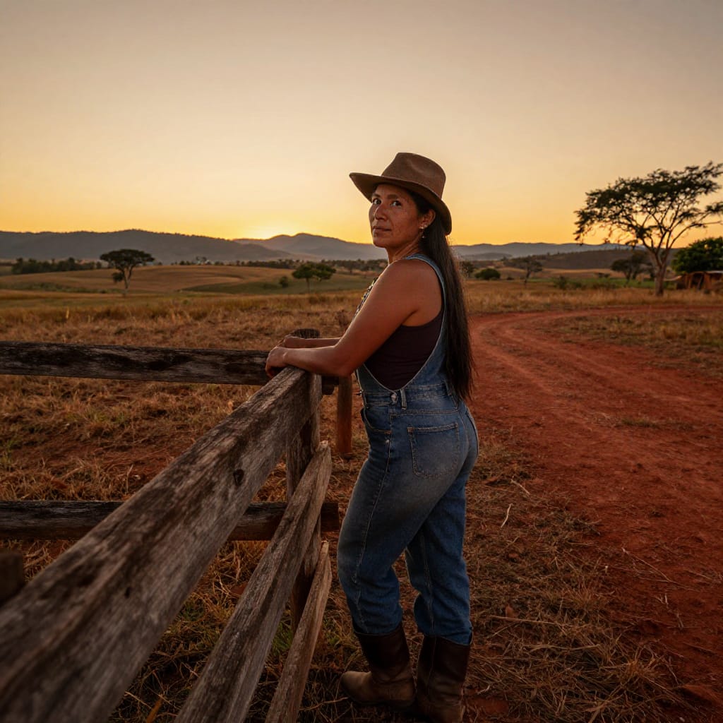 Point of View (POV) photograph of a 45-year-old Ecuadorean woman with long, flowing hair and striking, expressive eyes, leaning on a weathered wooden fence in a sun-drenched ranch. The scene captures her from the side, with her cowboy attire—faded denim overalls, a frayed leather hat, and sturdy boots—highlighting her rugged charm. The background reveals rolling fields under a golden sky at sunset, with distant silhouettes of mountains and scattered trees creating a sense of vastness. A wide-angle lens emphasizes the expansive horizon, capturing soft, warm light that casts gentle shadows and bathes the scene in golden hues. The atmosphere is serene and nostalgic, evoking quiet strength and deep connection to the land. The color scheme features rich earth tones—ochre, terracotta, and muted greens—contrasted by the fiery warmth of the sunset. The overall mood is peaceful, intimate, and timeless, capturing a moment of stillness in nature.