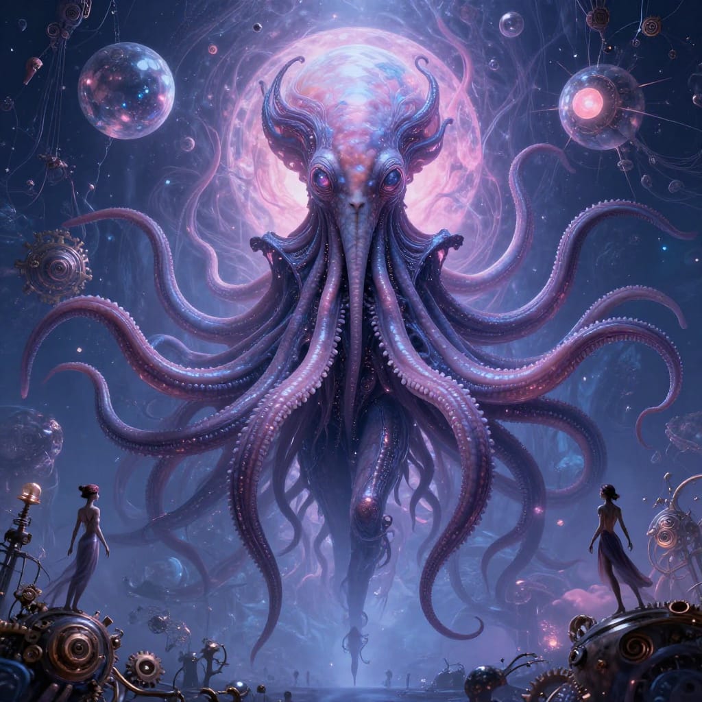 A colossal hybrid figure with tentacles dominates the frame, its body a seamless fusion of human anatomy and cephalopod biology—large, expressive eyes glowing with inner light, tentacles coiled like living vines, and iridescent scales that shimmer under soft, diffused illumination. The figure stands in the center of a surreal, abstract environment where celestial bodies—crystalline stars and floating planets—float beside intricate mechanical constructs: gears, pistons, and clockwork drones entwined with organic tendrils. The composition is layered and dynamic, with smaller human-like figures and abstract shapes orbiting the central figure. The lighting is soft and ethereal, casting long shadows that deepen the sense of mystery and scale. The color palette is rich yet balanced: deep indigo blues and purples merge with luminous pinks and silvers, creating a dreamlike atmosphere where nature and technology coexist in perfect, unsettling harmony. The digital rendering captures every detail with precision—fine textures on the tentacles, reflective surfaces on mechanical parts, and subtle gradients that enhance depth. The overall feeling is one of awe and unease, evoking a sense of wonder at the merging of the organic and the mechanical.