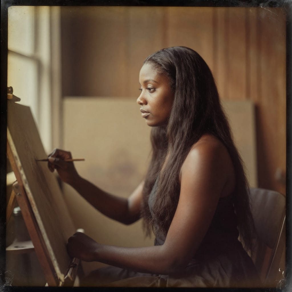 A 25-year-old Jamaican woman, profile shot, with long, straight hair styled in a middle part and narrow eyes, captured on an 1800s photographic plate in epia daguerreotype style. The subject is seated in a sunlit studio, painting on a large canvas that fills the midground. The background features a plain wooden wall with subtle grain texture, complemented by a soft-focus window to the left introducing warm, diffused light. The camera position is slightly off-center, creating a gentle compositional balance between subject and environment. The lens is a large format 150mm epia daguerreotype, producing high detail with pronounced silver halide highlights and deep shadow contrasts. Aged texture is visible in the plate’s surface, including faint scratches, uneven toning, and subtle film imperfections like pinholes and soft focus. The scene is rich in natural light, casting a warm golden glow that enhances the subject’s skin tone and hair color. The overall feeling is one of quiet elegance, cultural heritage, and artistic introspection, with a timeless atmosphere captured through the lens of early photographic craftsmanship.