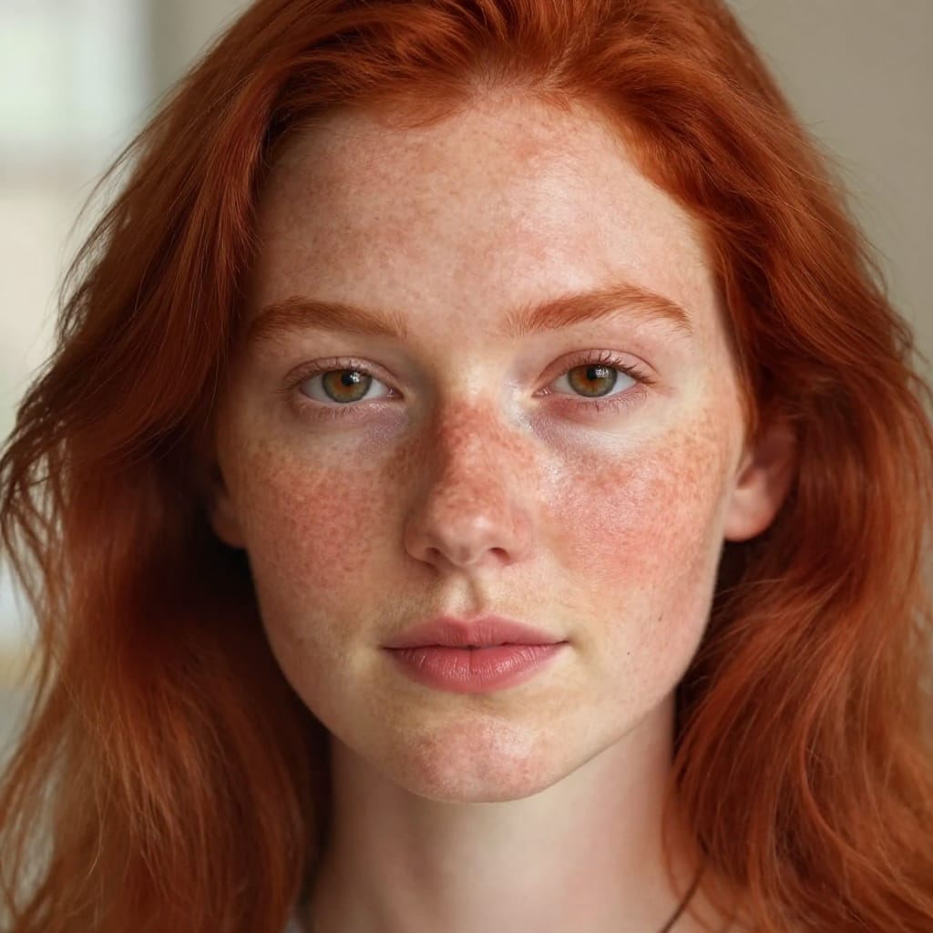 A close-up portrait of a person with vibrant red hair and natural freckles, captured in a studio setting with controlled, even lighting that creates a warm and inviting atmosphere. The subject’s face is the focal point, illuminated by soft, diffused daylight that highlights their delicate features—soft skin, subtle blush, and the fine texture of their hair. The composition follows the rule of thirds, placing the subject’s eyes and nose at key intersections for balanced visual harmony. A macro lens is used to emphasize intricate details: the individuality of each freckle, the gentle curve of the jawline, and the subtle sheen of sweat on the skin. The background is softly blurred, creating depth and drawing the viewer’s focus entirely to the subject’s face. The scene suggests a daytime setting with natural light filtering through a window, casting a gentle glow that enhances the warmth of the moment. A simple, thin necklace rests at the neck, adding a touch of personal detail without disrupting the serene composition. The overall feeling is one of relaxed calm and quiet confidence, conveyed through soft lighting, natural textures, and a composed expression that feels both authentic and tender.