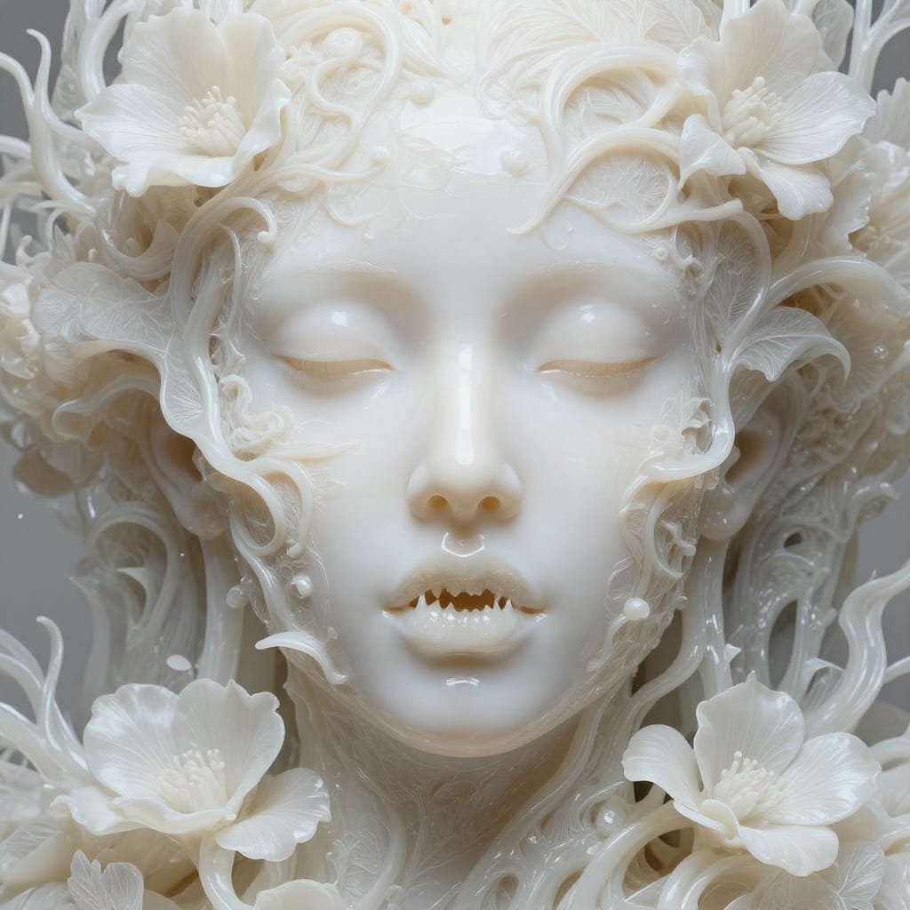 A highly detailed and ethereal female face, seamlessly integrated into a surreal, naturalistic environment of intricate floral and plant-like elements. Rendered in a fantastical realism style with subtle surrealism, where human features merge harmoniously with organic forms. The subject is composed of smooth, glossy resin or similar material, capturing a luminous, reflective surface that enhances depth and texture. The face is centrally positioned, with a large, stylized mouth featuring sharp, jagged teeth forming a dramatic focal point that contrasts with the soft contours of the face. The surrounding flora—delicate vines, blooming petals, and translucent leaves—blend seamlessly into the composition, creating organic unity and a sense of living artistry. The brushwork is incredibly detailed, with fine lines and textures that give the illusion of three-dimensionality, from the subtle sheen of skin to the intricate veining of leaves. Subtle lighting highlights the contours and details of the face and surrounding elements, casting soft shadows that enhance depth without overpowering the ethereal mood. The monochromatic color palette consists of varying shades of white, off-white, and pale cream, creating a soft and luminous atmosphere that evokes mystery, wonder, and a sense of timeless beauty. The overall feeling is one of serene enchantment, where the fusion of human form and natural design invites the viewer to lose themselves in the intricate details and the quiet magic of the scene.