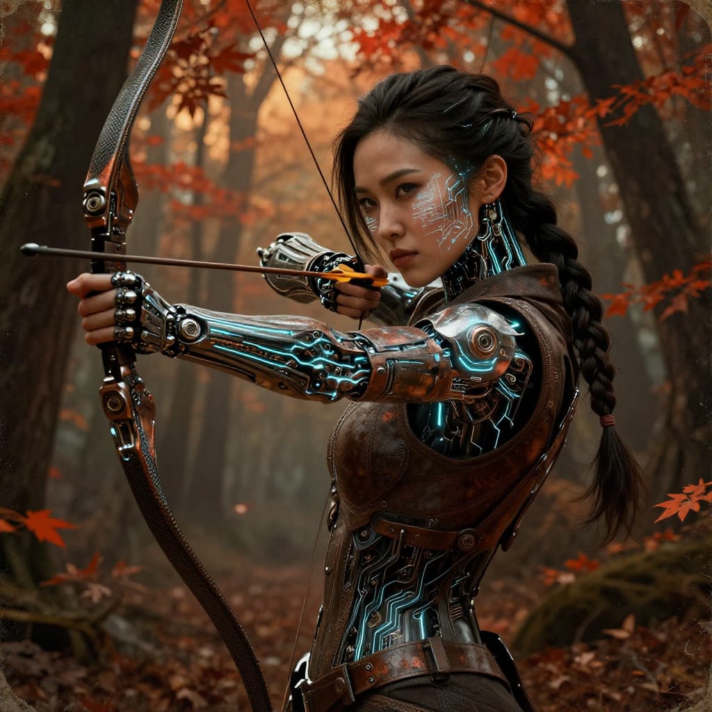 A highly detailed biomechanical cyberpunk digital illustration rendered on aged paper with subtle texture and matte finish, capturing a 35-year-old South Korean woman with side braid hair and almond-shaped eyes at eye level. She wears an archer’s outfit fused with advanced cybernetics: her forearm is integrated with a glowing neural interface, her armor features translucent circuitry patterns, and her eyes reflect holographic data streams. Her bow, crafted from reinforced carbon fiber and embedded with bioluminescent filaments, is drawn with precision, its mechanical joints gleaming under dim ambient light. The composition places her in an autumn forest where towering trees bear fiery crimson and gold leaves, their forms blurred by atmospheric haze that enhances depth. Lighting is dramatic: a soft, warm glow filters through the canopy, casting long shadows and highlighting the intricate textures of her skin, hair, and machine-like joints. The color palette merges rich earth tones with metallic sheens—deep browns, rusted copper, and electric blue accents—creating a moody, dystopian atmosphere where organic life and mechanical ingenuity coexist in fragile harmony. The image exudes quiet tension, a moment suspended between vulnerability and power.