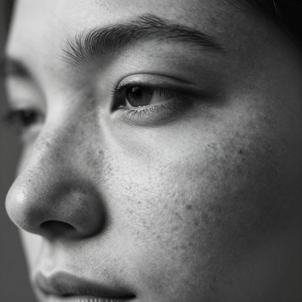 A close-up portrait of a person’s face captured with a macro or high-magnification lens, emphasizing texture and detail. The subject is positioned in the upper third of the frame according to the rule of thirds, with the eye and surrounding skin features sharply in focus. Natural, outdoor lighting creates soft highlights on the cheekbone and forehead, casting delicate shadows that define facial contours. The high-contrast black and white effect amplifies the intricate texture of freckles across the nose and cheek, enhancing their natural grain and depth. Partially visible strands of hair frame the eye, adding organic movement to the composition. The shallow depth of field renders the background into a soft, blurred haze, isolating the subject with emotional intimacy. The atmosphere is calm and reflective, evoking a sense of quiet contemplation. The scene is still, with no motion, and the neutral black and white palette heightens the focus on facial anatomy and skin quality. The overall feeling is deeply introspective and serene, capturing a moment of quiet self-awareness.