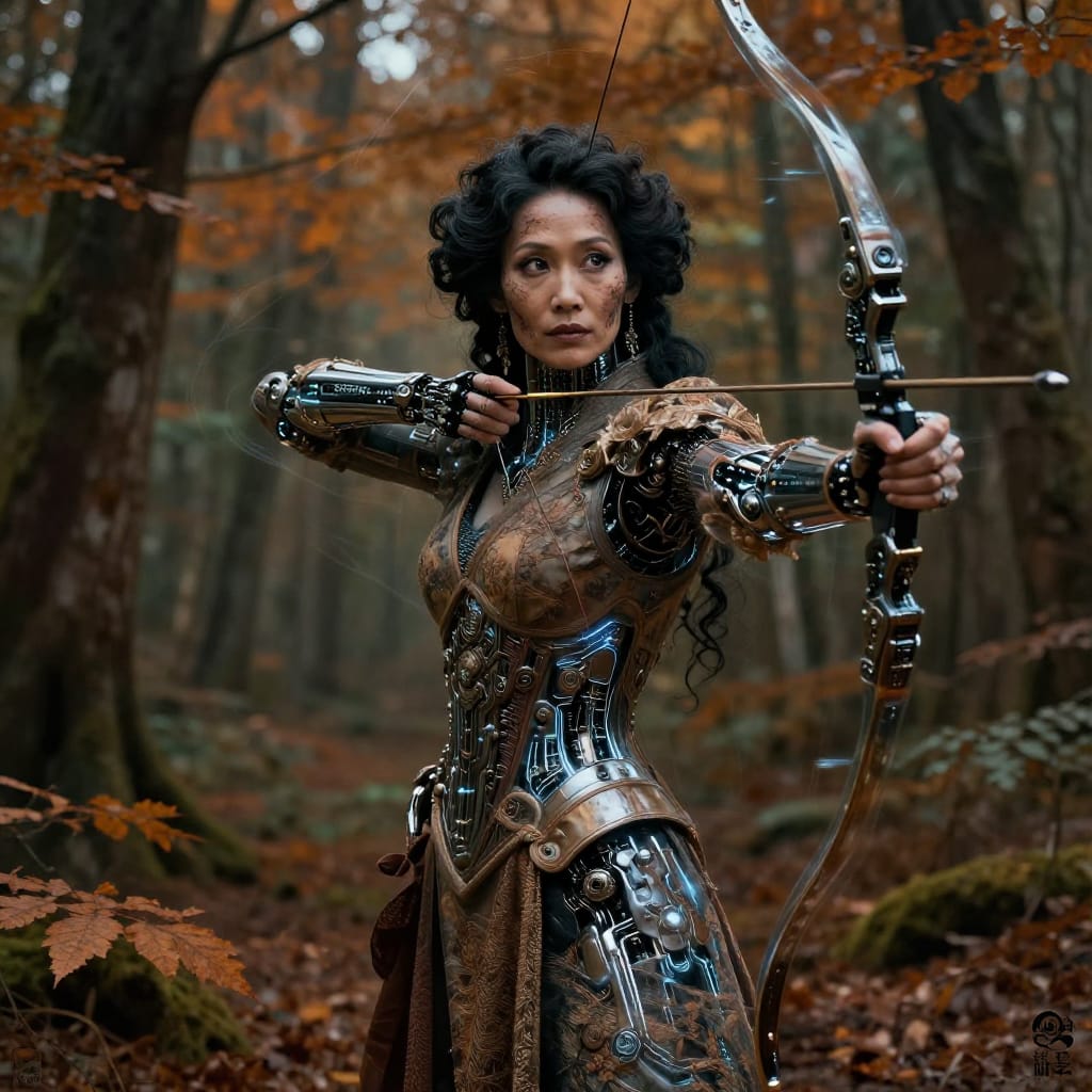 Through-the-Glass Shot in Biomechanical Cyberpunk Style: A 50-year-old Cambodian woman with long Victorian curls and wide, expressive eyes stands in an archer’s stance, drawing a bow with intricate cybernetic enhancements—mechanical limbs, glowing neural implants, and weathered skin merging with synthetic armor. The scene is captured through a translucent, layered glass pane, revealing both the organic texture of her skin and hair beneath the surface, while the forest background blurs into autumnal hues of burnt ochre, deep moss green, and rusted bronze. Soft, diffused light filters through the trees, casting subtle shadows that highlight the fusion of flesh and steel. The composition centers her with a dynamic bow drawn, while the foreground features detailed textures of woven fabric, glowing circuitry, and delicate floral patterns on her armor. The color palette combines earthy warmth with cool metallic tones, creating a rich, layered depth. The overall atmosphere is dark, contemplative, and highly detailed—where nature meets machine in a moment of quiet power.